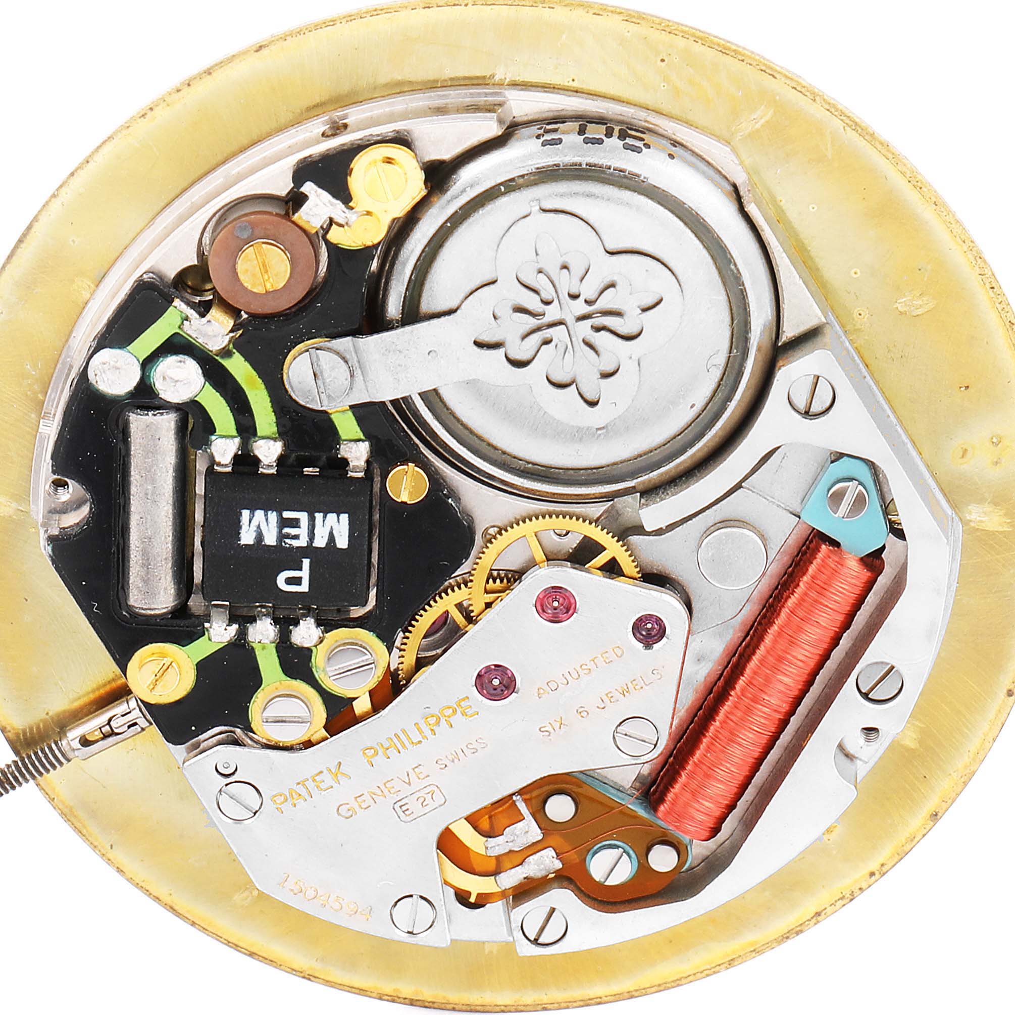 This image shows the inner mechanical components of a Patek Philippe Golden Ellipse 3879 Men's Yellow Gold Silver Dial 3879 Men's Yellow Gold Silver Dial watch from a top-down angle.