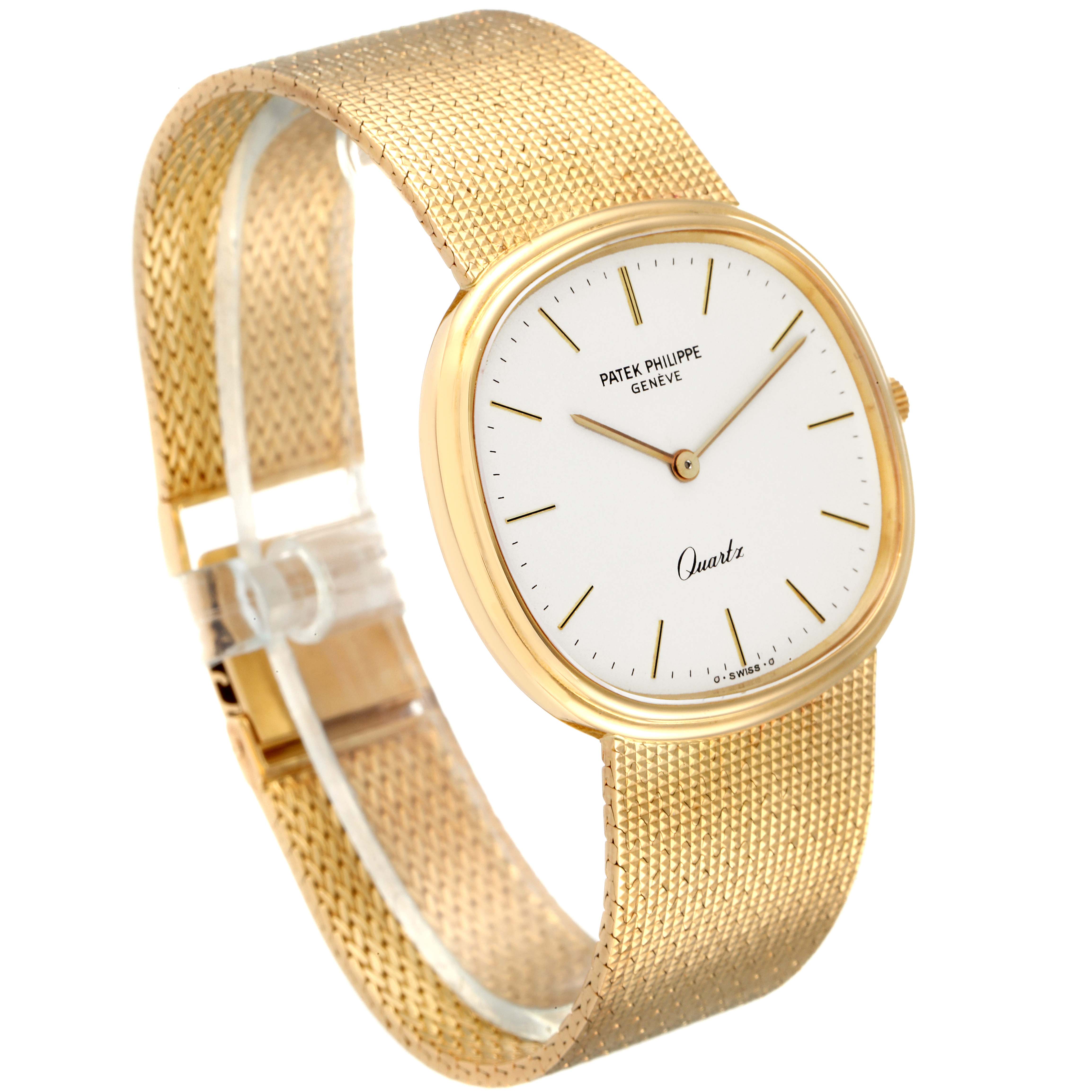 The image shows a side angle of the Patek Philippe Golden Ellipse 3879 Men's Yellow Gold Silver Dial 3879 Men's Yellow Gold Silver Dial watch, highlighting the dial, bracelet, and clasp.