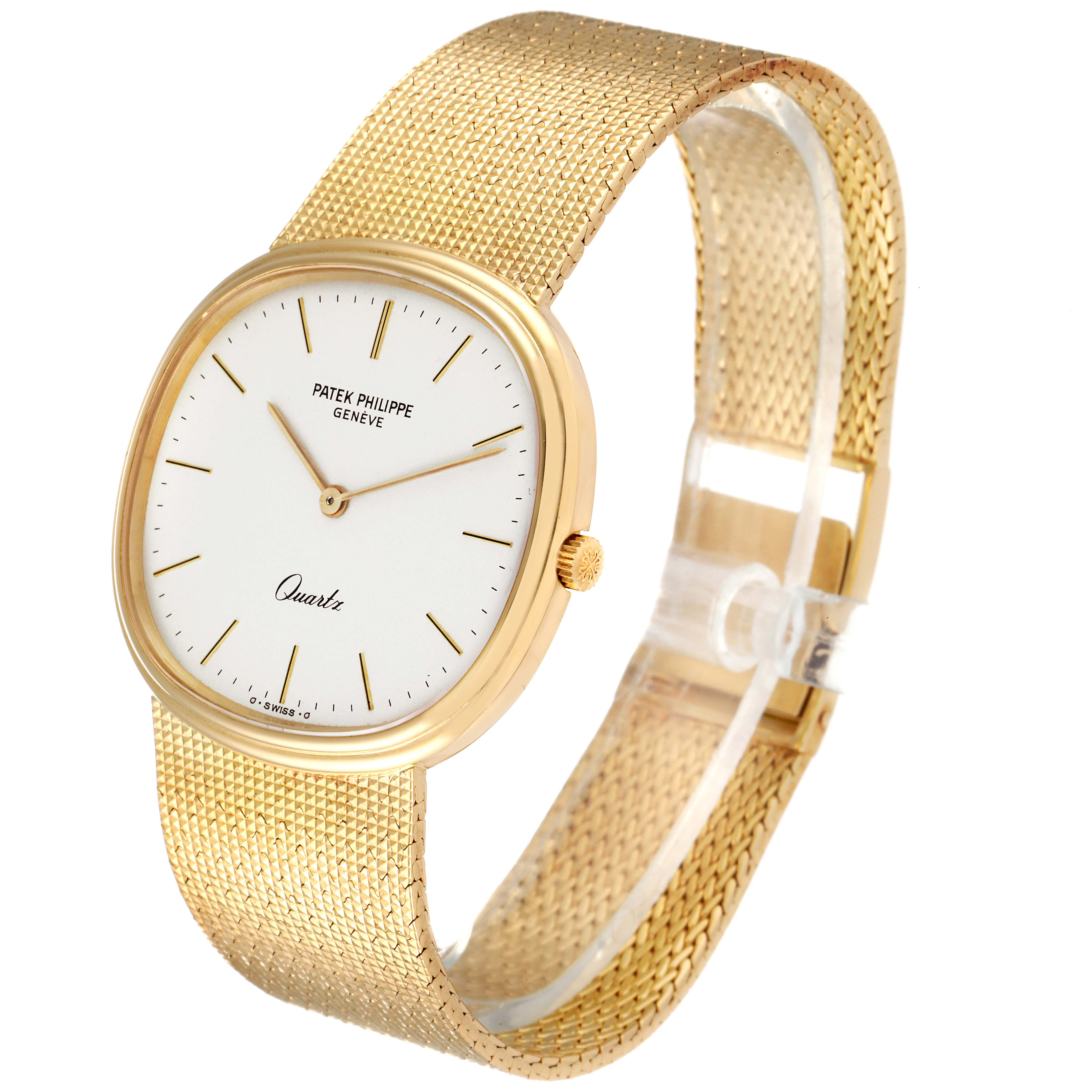 The image shows a Patek Philippe Golden Ellipse 3879 Men's Yellow Gold Silver Dial 3879 Men's Yellow Gold Silver Dial watch at a three-quarter angle, highlighting its face, bezel, and mesh strap.