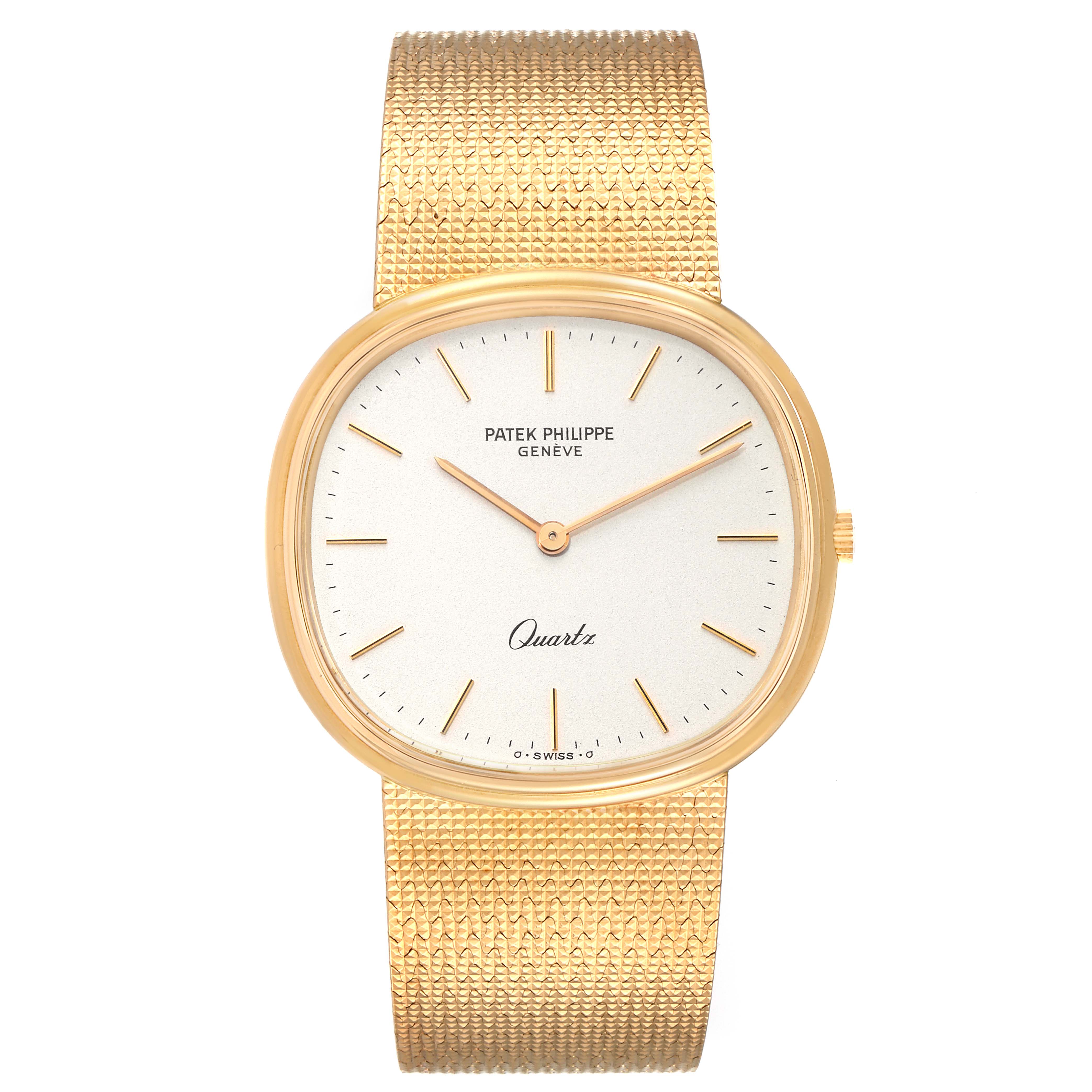 The image shows a frontal view of the Patek Philippe Golden Ellipse 3879 Men's Yellow Gold Silver Dial 3879 Men's Yellow Gold Silver Dial watch, highlighting its dial, hands, and bracelet.