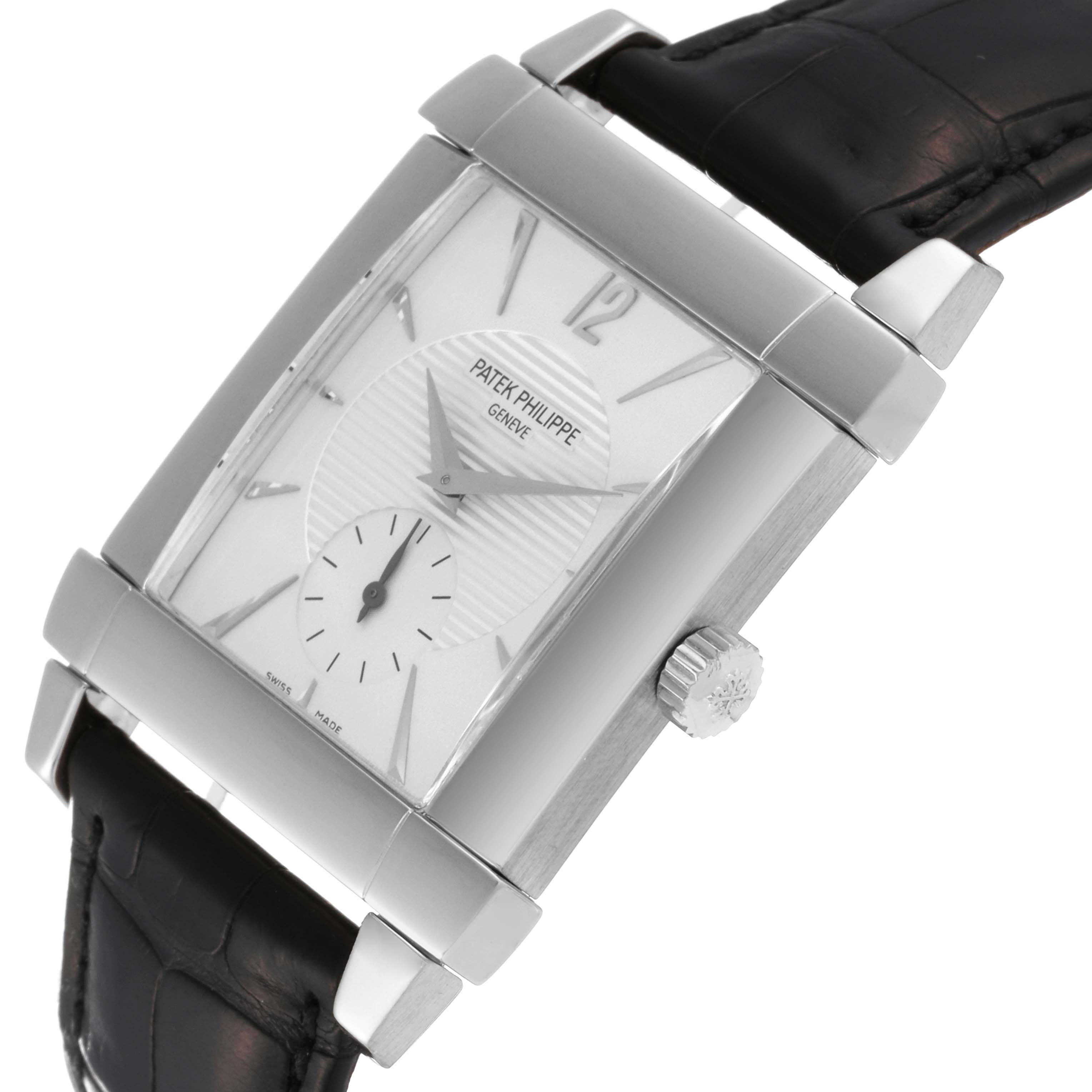 The image shows a close-up, angled view of the Patek Philippe Gondolo 5111G-001 Men's White Gold Silver Dial 5111G-001 Men's White Gold Silver Dial watch, highlighting the face, crown, and black strap.