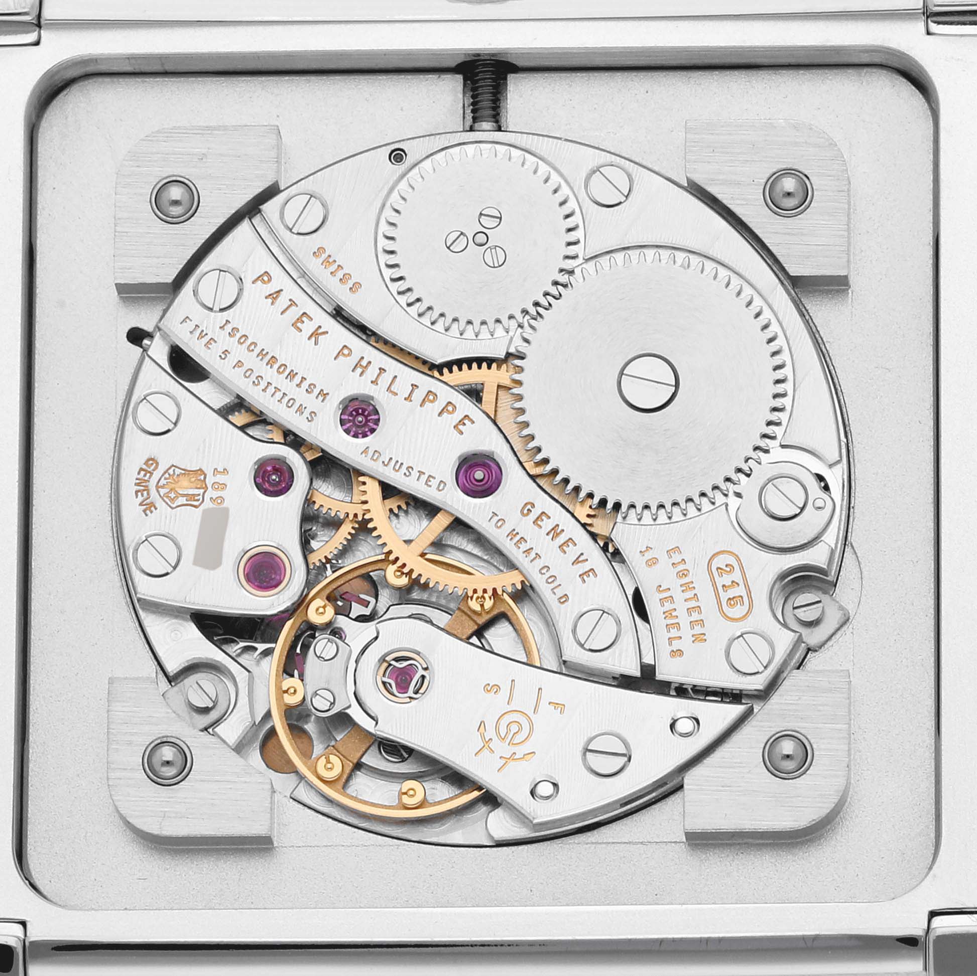 The image shows the inner mechanical movement of a Patek Philippe Gondolo 5111G-001 Men's White Gold Silver Dial 5111G-001 Men's White Gold Silver Dial watch from a top-down angle.