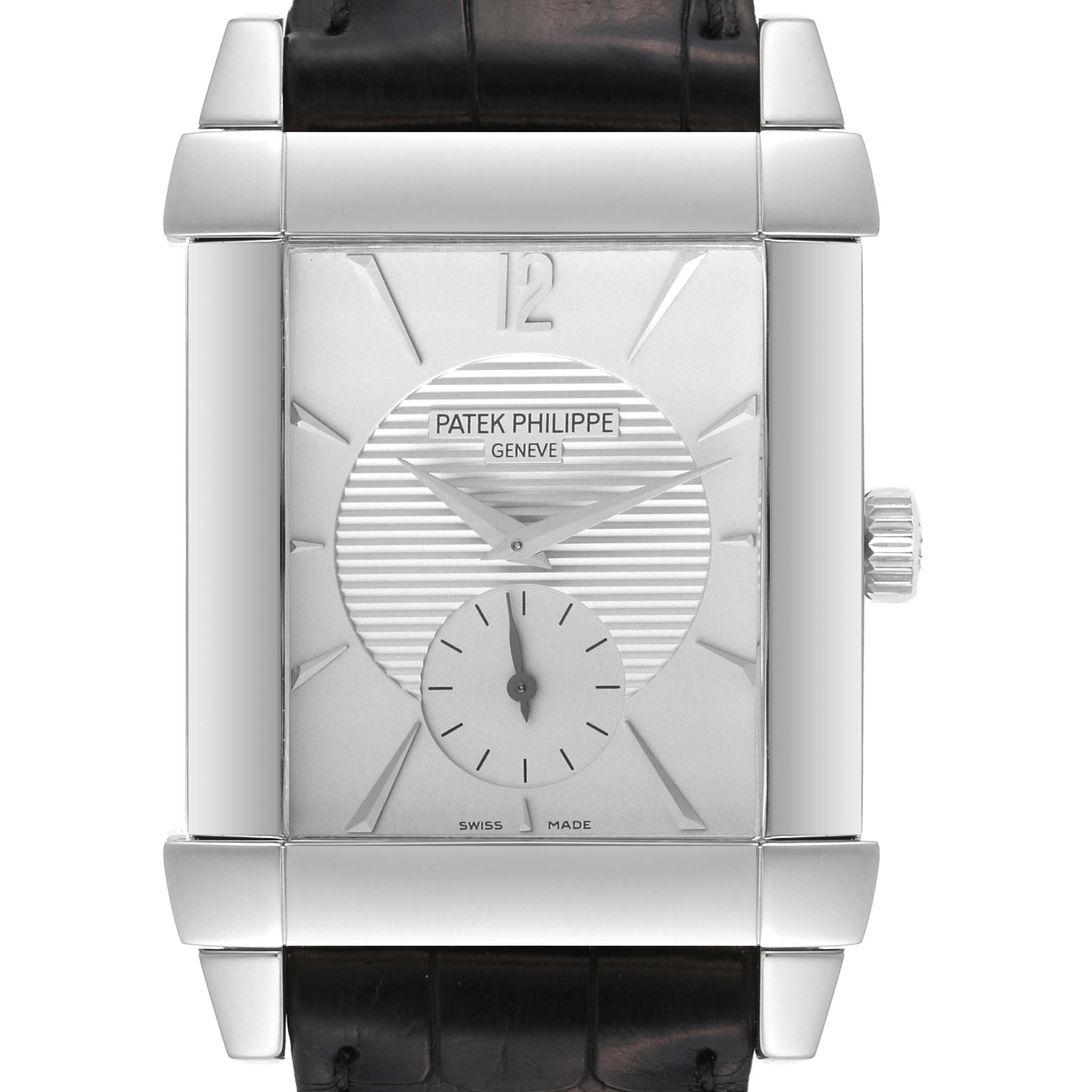 The image shows a frontal view of the Patek Philippe Gondolo 5111G-001 Men's White Gold Silver Dial 5111G-001 Men's White Gold Silver Dial watch, highlighting the face, dial, and part of the strap.