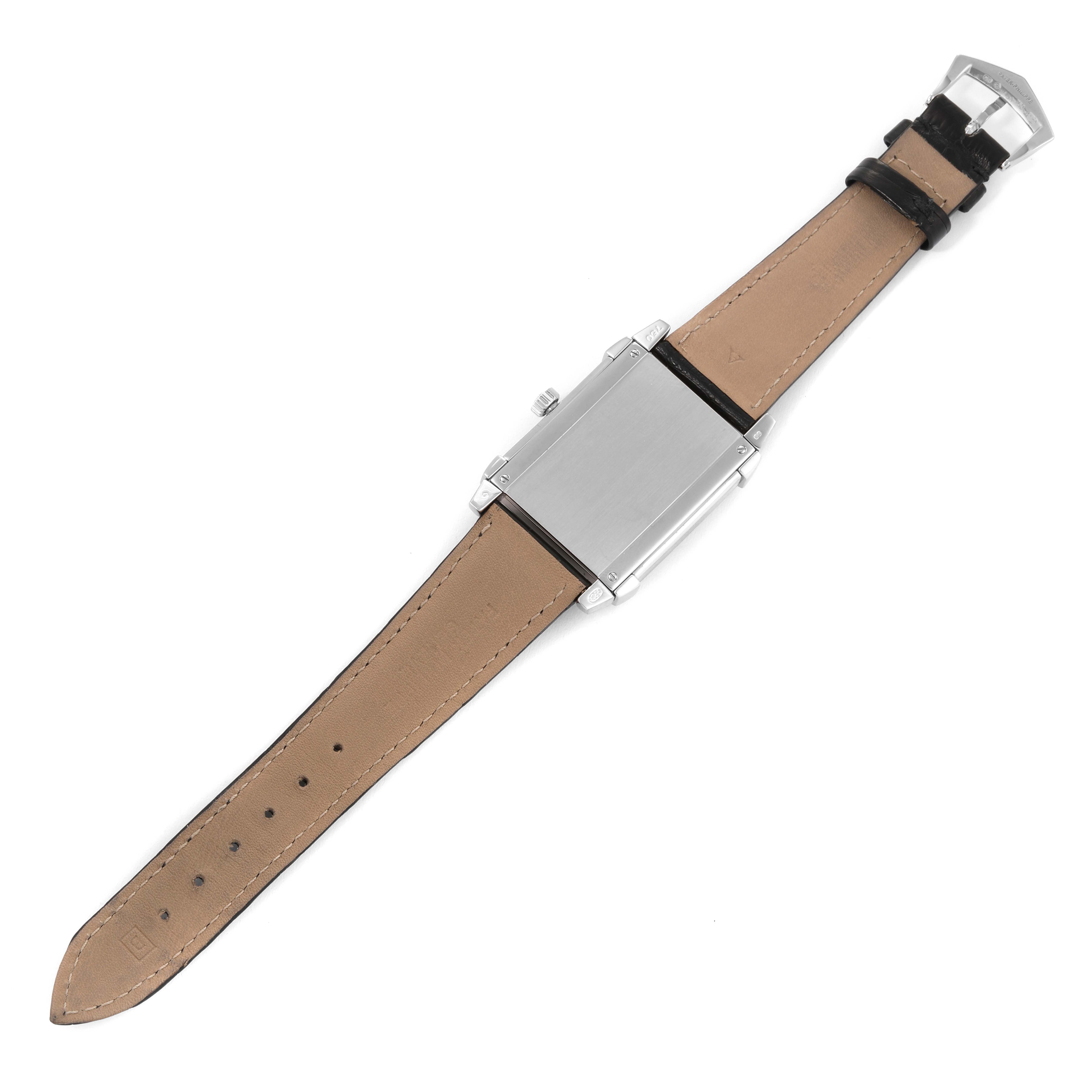 The image shows the back view of the Gondolo model watch by Patek Philippe displaying the leather strap and case back.