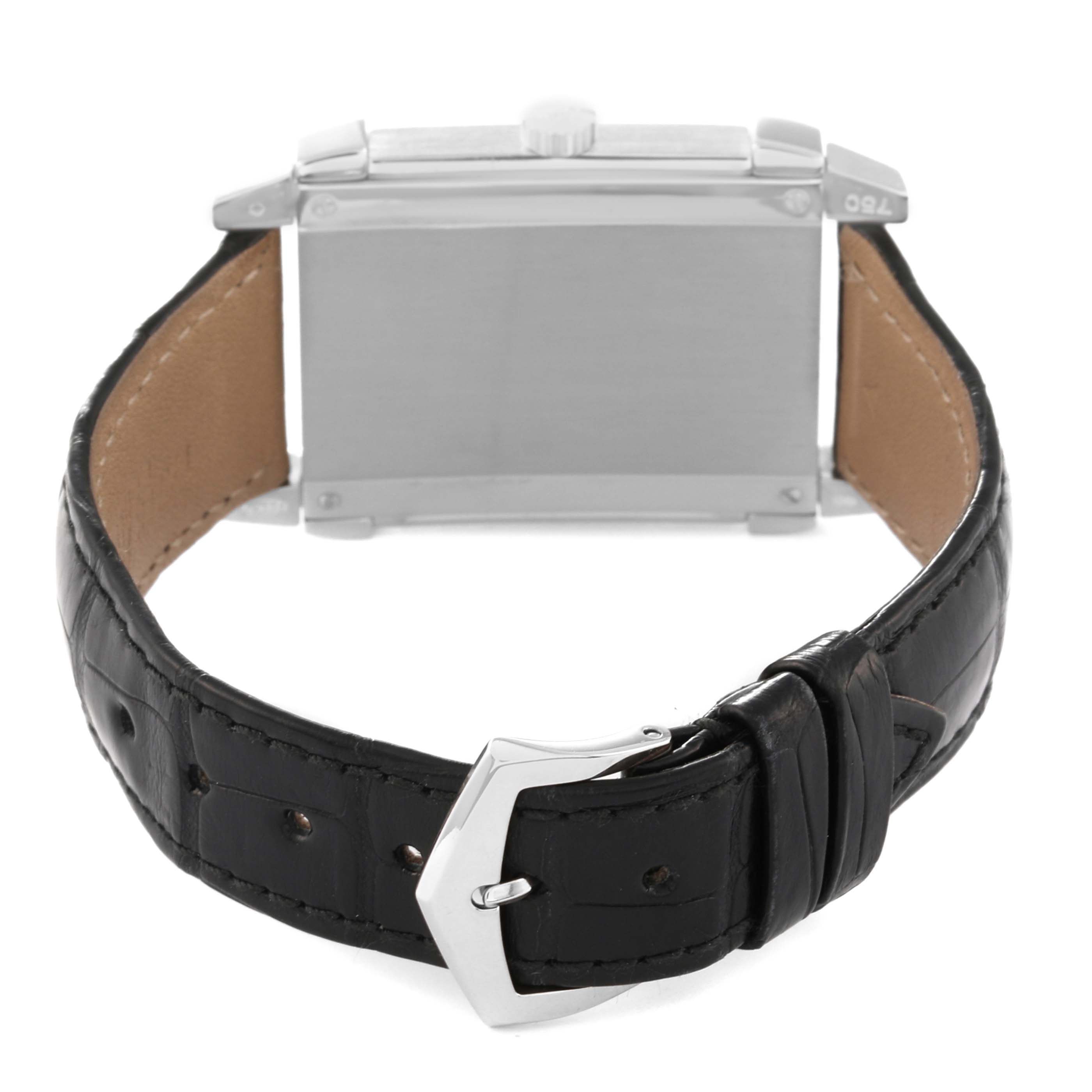 This image shows the back view of a Patek Philippe Gondolo 5111G-001 Men's White Gold Silver Dial 5111G-001 Men's White Gold Silver Dial watch, highlighting the clasp, band, and case back.