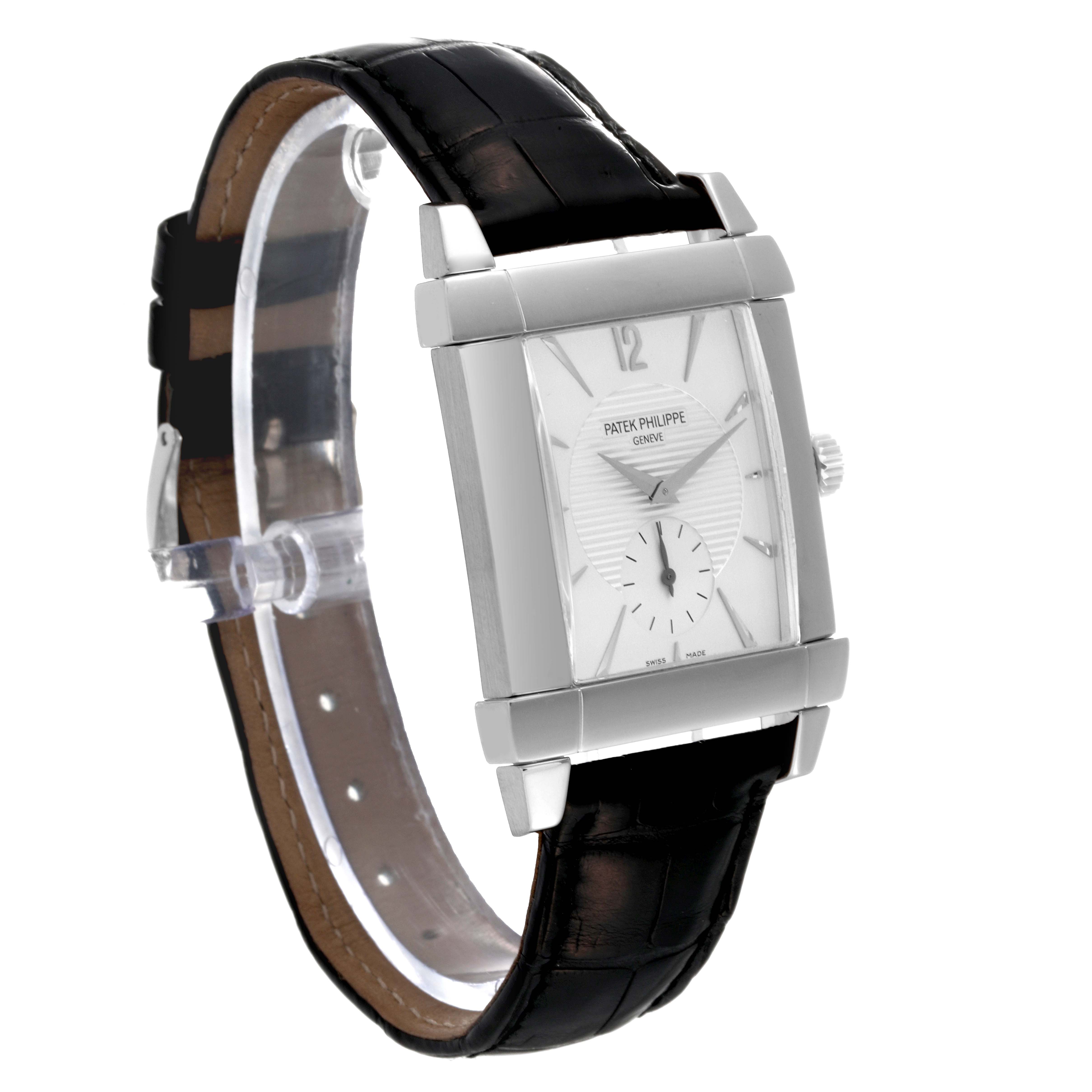 This image shows a side and front view of the Patek Philippe Gondolo 5111G-001 Men's White Gold Silver Dial 5111G-001 Men's White Gold Silver Dial watch, highlighting its dial and strap.