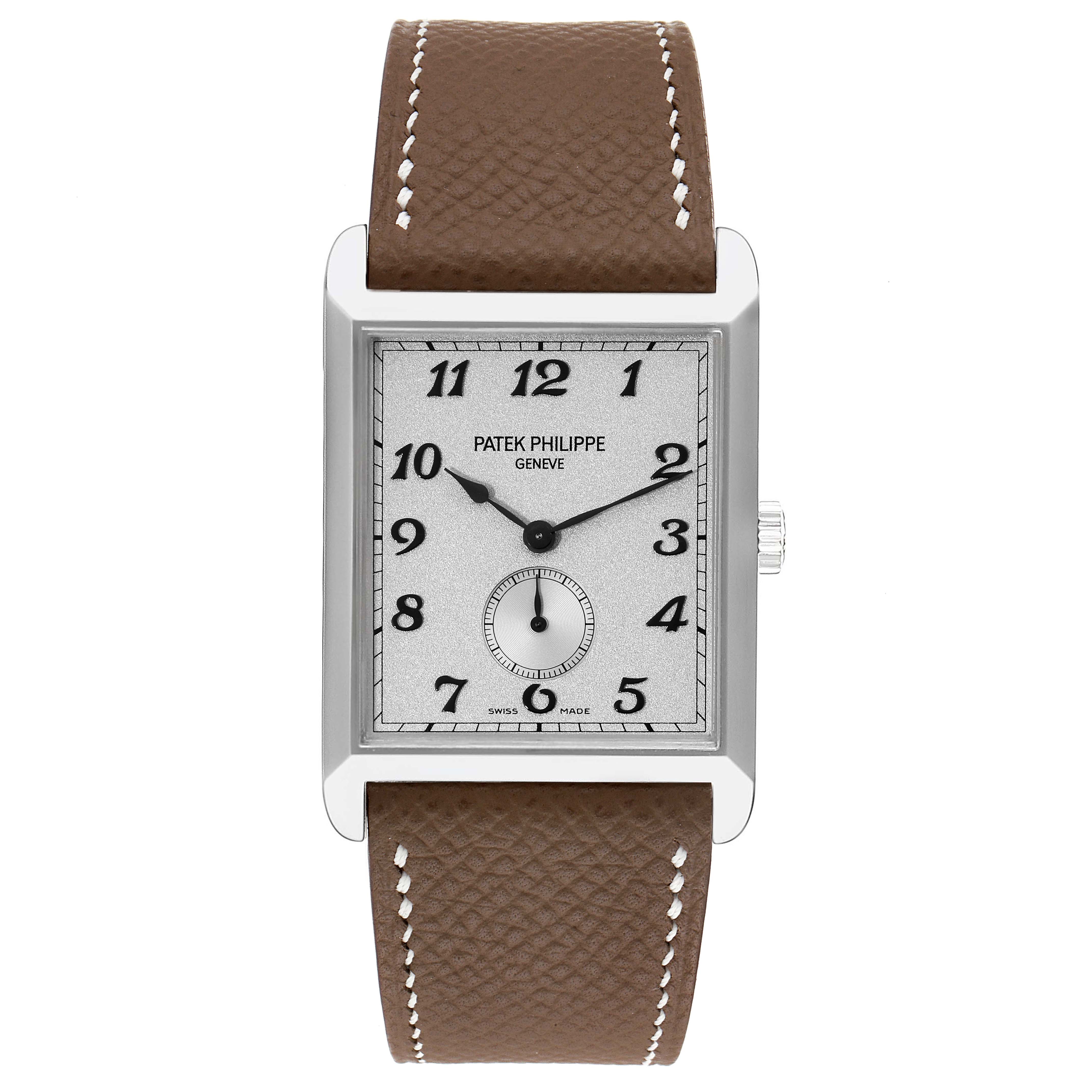 The Patek Philippe Gondolo 5109G Men's White Gold Silver Dial 5109G Men's White Gold Silver Dial watch is shown from a front angle, displaying its dial and brown leather strap.