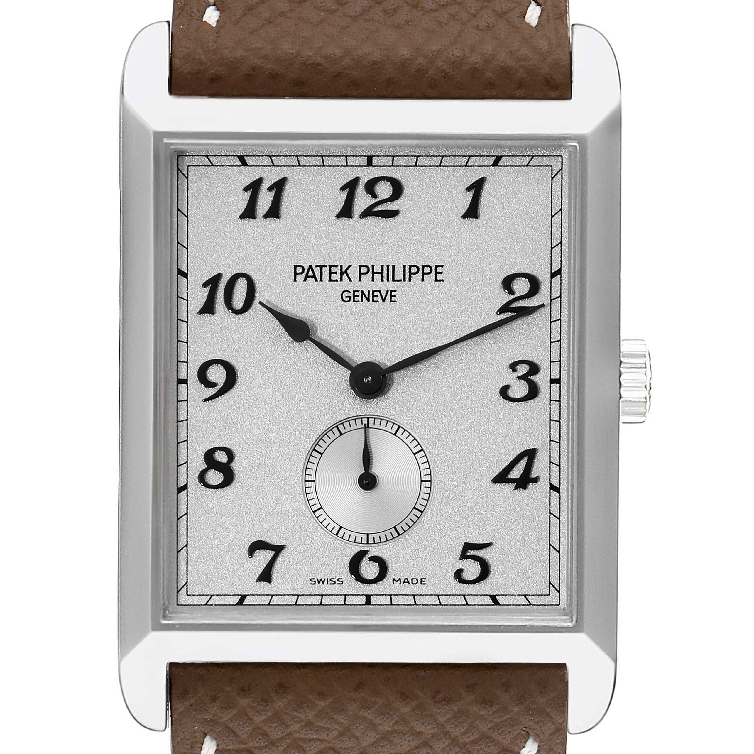The image shows a frontal view of the Patek Philippe Gondolo 5109G Men's White Gold Silver Dial 5109G Men's White Gold Silver Dial watch, highlighting its face, bezel, crown, and a portion of the strap.