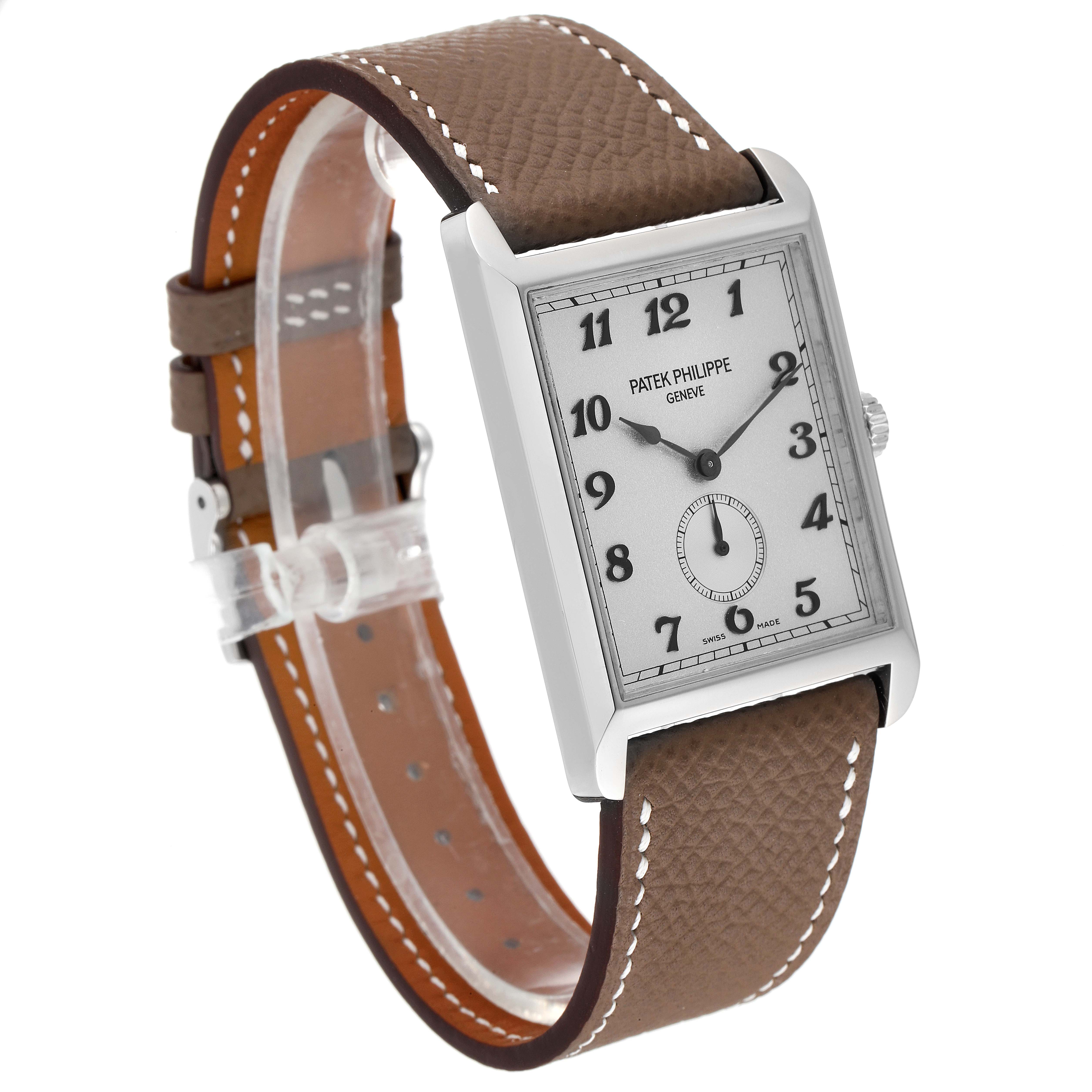 The image shows a close-up, angled view of the Patek Philippe Gondolo 5109G Men's White Gold Silver Dial 5109G Men's White Gold Silver Dial watch with a brown leather strap and a rectangular dial.