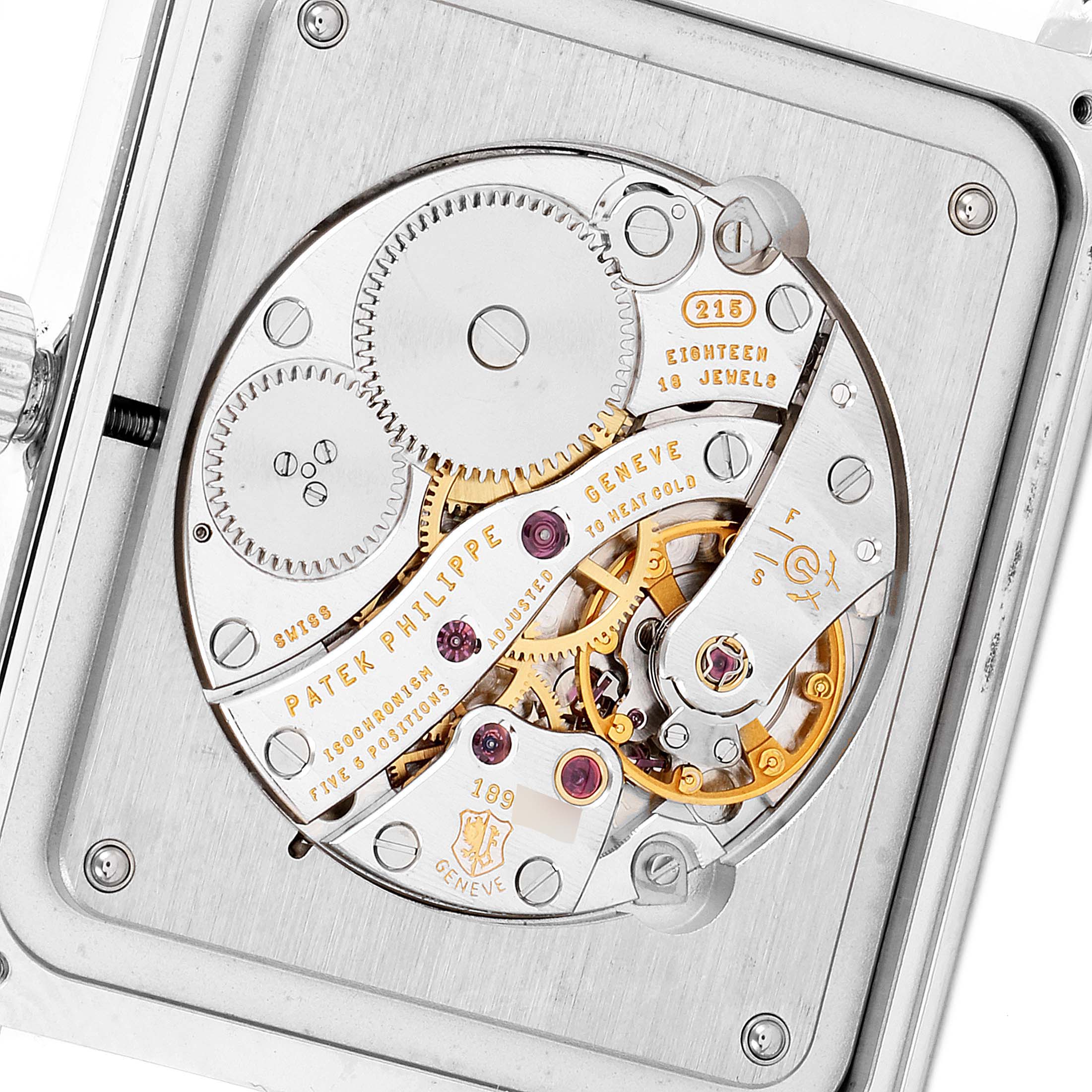 This is a close-up view of the movement mechanism of a Patek Philippe Gondolo 5109G Men's White Gold Silver Dial 5109G Men's White Gold Silver Dial watch.