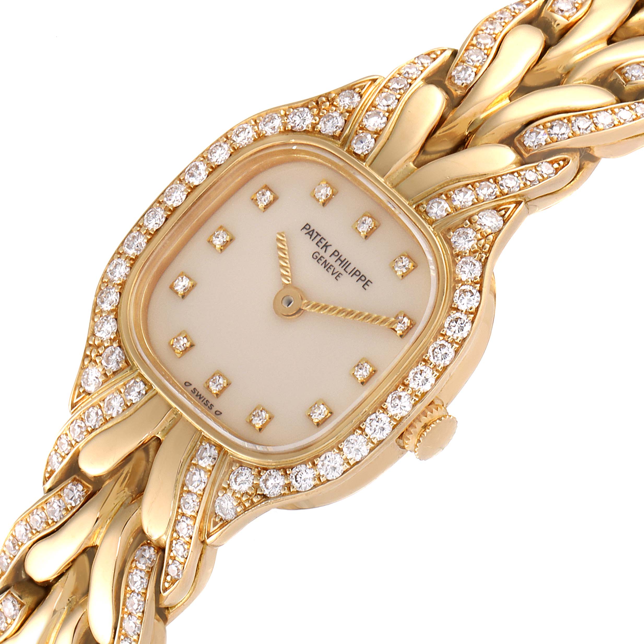 The image displays a Patek Philippe La Flamme  4715J Women's Yellow Gold Silver Dial 4715J Women's Yellow Gold Silver Dialwatch showing the face, dial, and encrusted band at an angled view.