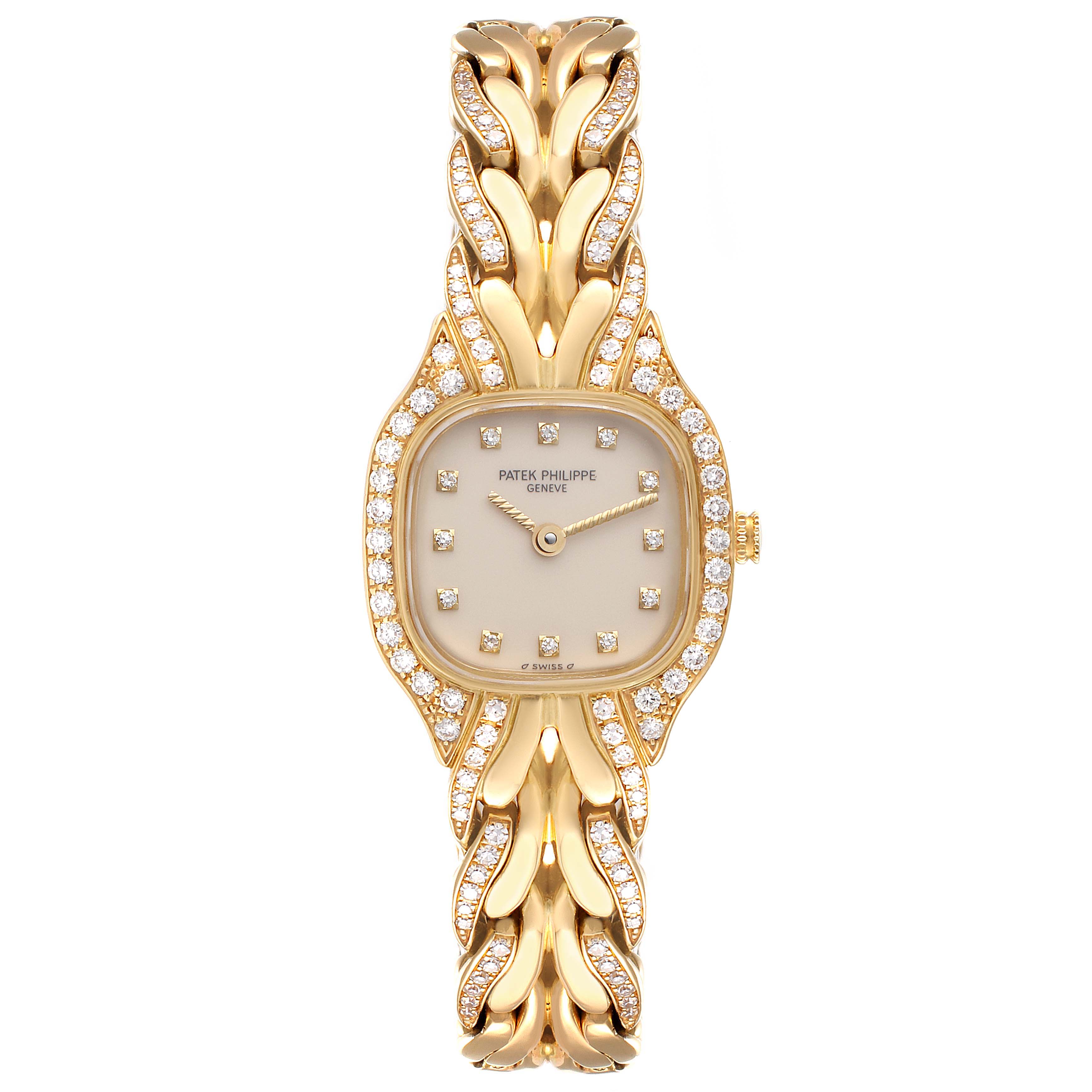 The image shows a frontal view of the Patek Philippe La Flamme  4715J Women's Yellow Gold Silver Dial 4715J Women's Yellow Gold Silver Dialwatch, highlighting its diamond-studded bezel and intricate bracelet.
