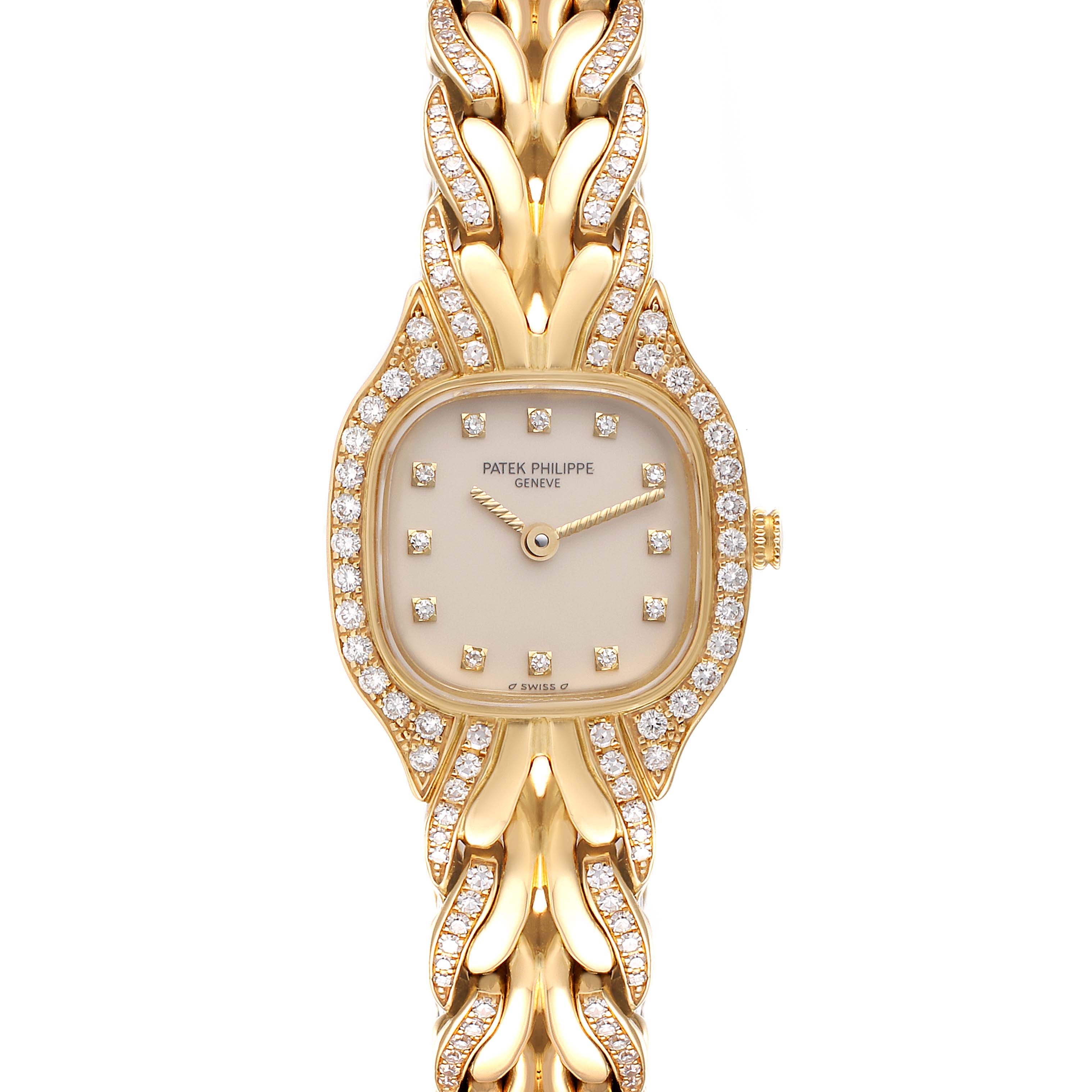 The image shows a frontal view of the Patek Philippe La Flamme  4715J Women's Yellow Gold Silver Dial 4715J Women's Yellow Gold Silver Dialwatch, highlighting its face and diamond-encrusted bracelet.