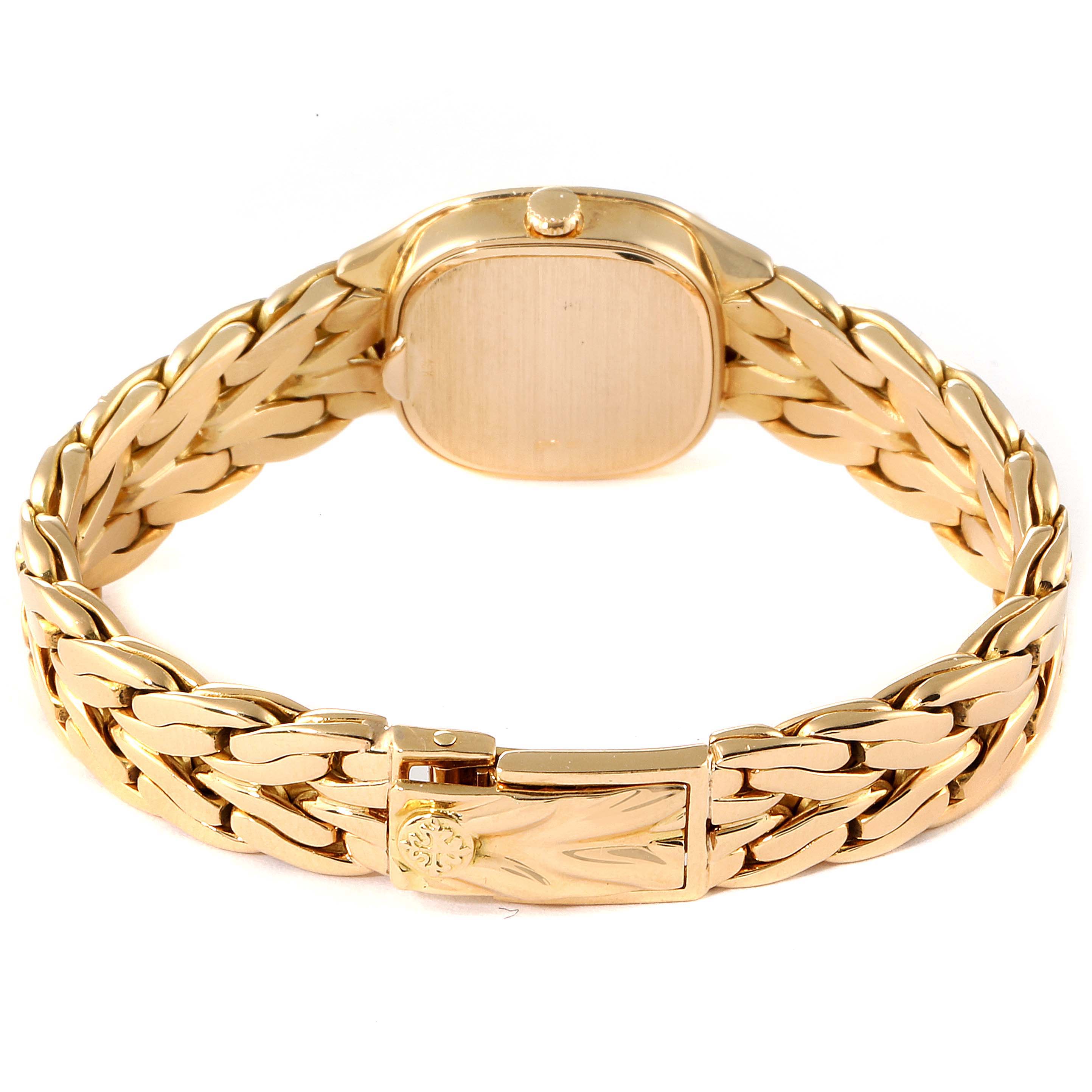 This image shows the back and clasp of a Patek Philippe La Flamme  4715J Women's Yellow Gold Silver Dial 4715J Women's Yellow Gold Silver Dialmodel watch from a slightly elevated rear angle.