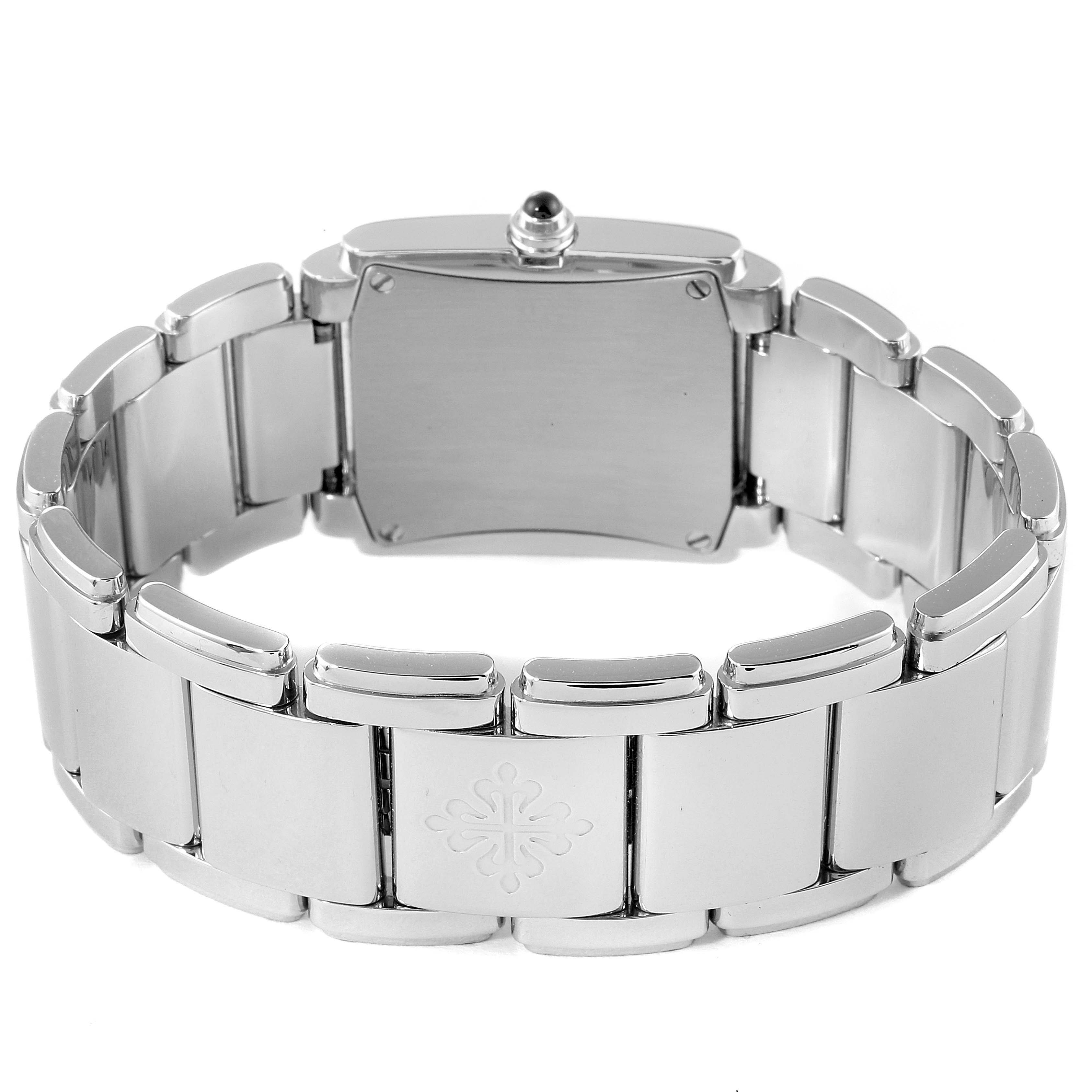 The image shows the back view of the Twenty-4 watch by Patek Philippe, highlighting its bracelet and clasp.