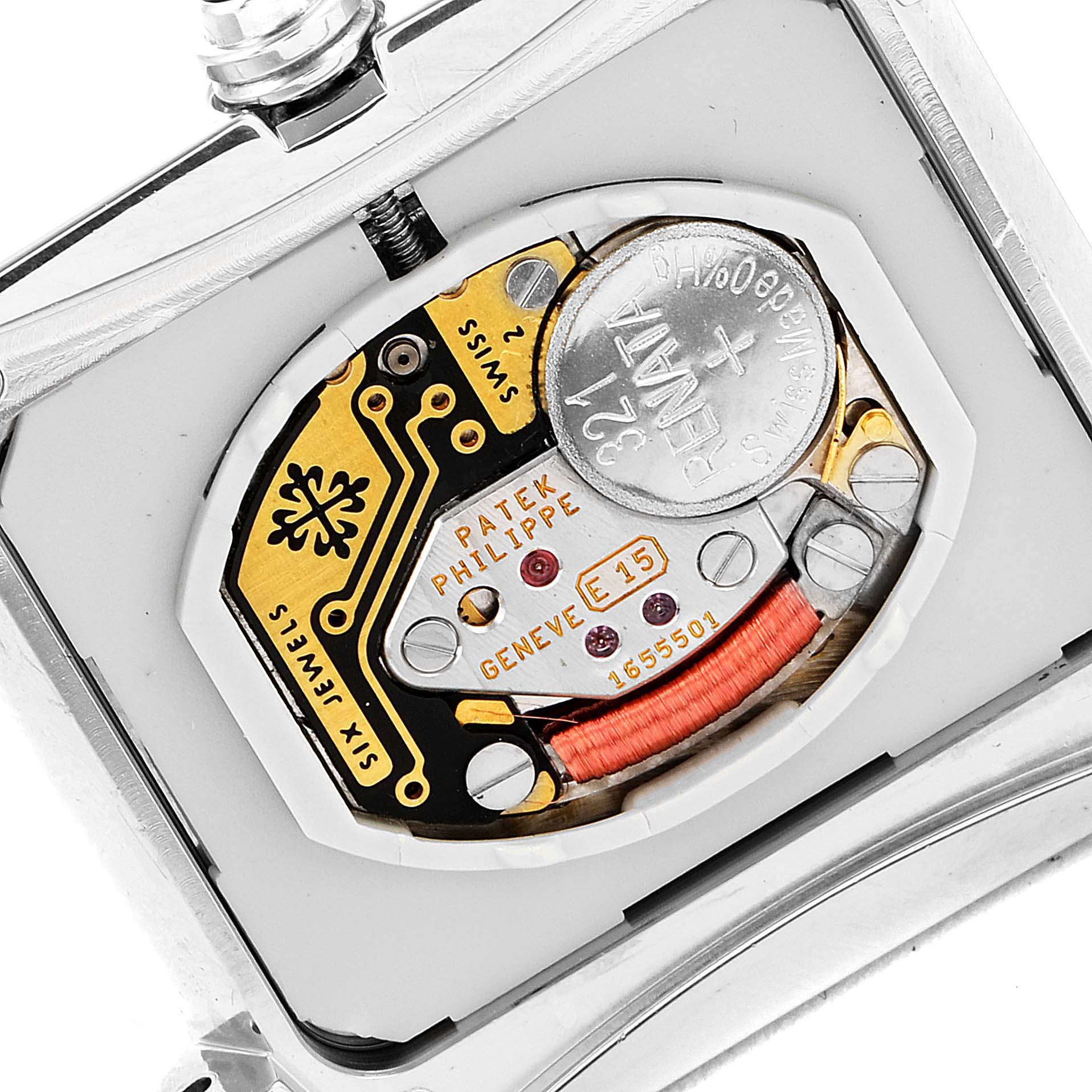 This image shows the open back view of a Patek Philippe Twenty-4 4910/10A-010 Women's Stainless Steel Grey Dial 4910/10A-010 Women's Stainless Steel Grey Dial model, revealing its internal movement components.