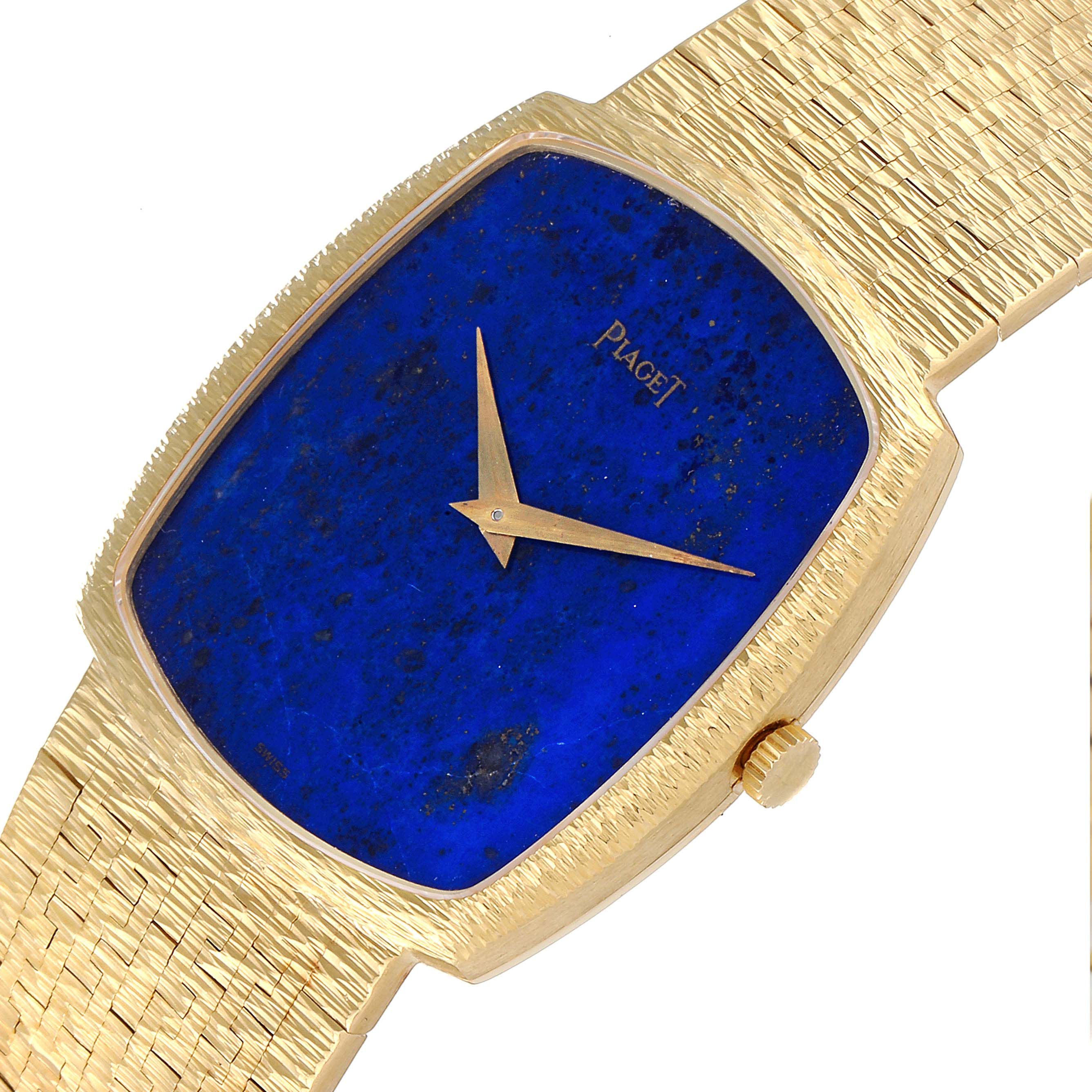 The image shows a close-up of a Piaget Men's Yellow Gold Blue Dial Men's Yellow Gold Blue Dial 18k Yellow Gold Blue Lapis Lazuli Stone Dial Vintage Men's Watch, highlighting the dial and part of the strap.