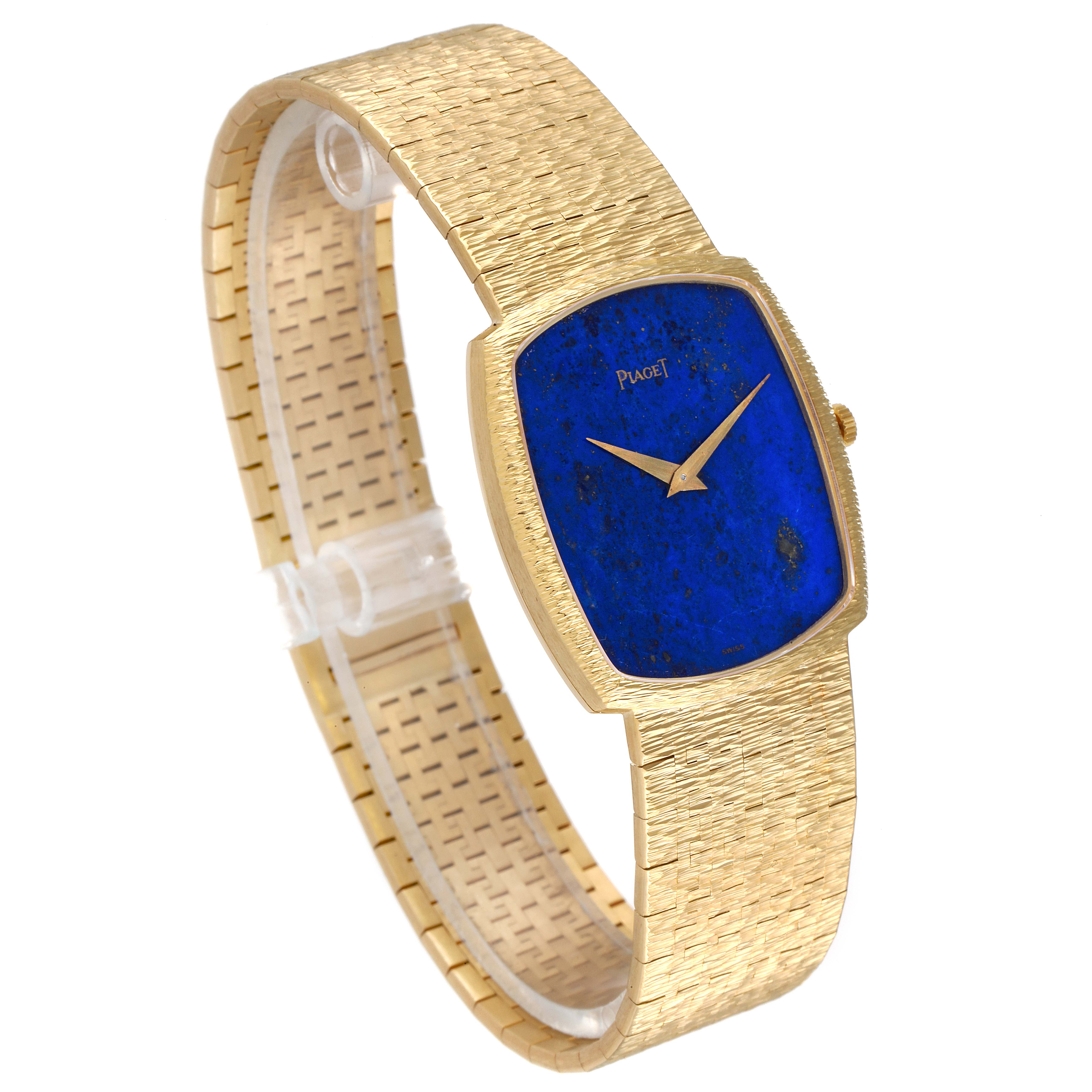 This image shows a side and front angle of the Piaget Men's Yellow Gold Blue Dial Men's Yellow Gold Blue Dial 18k Yellow Gold Blue Lapis Lazuli Stone Dial Vintage Mens Watch.