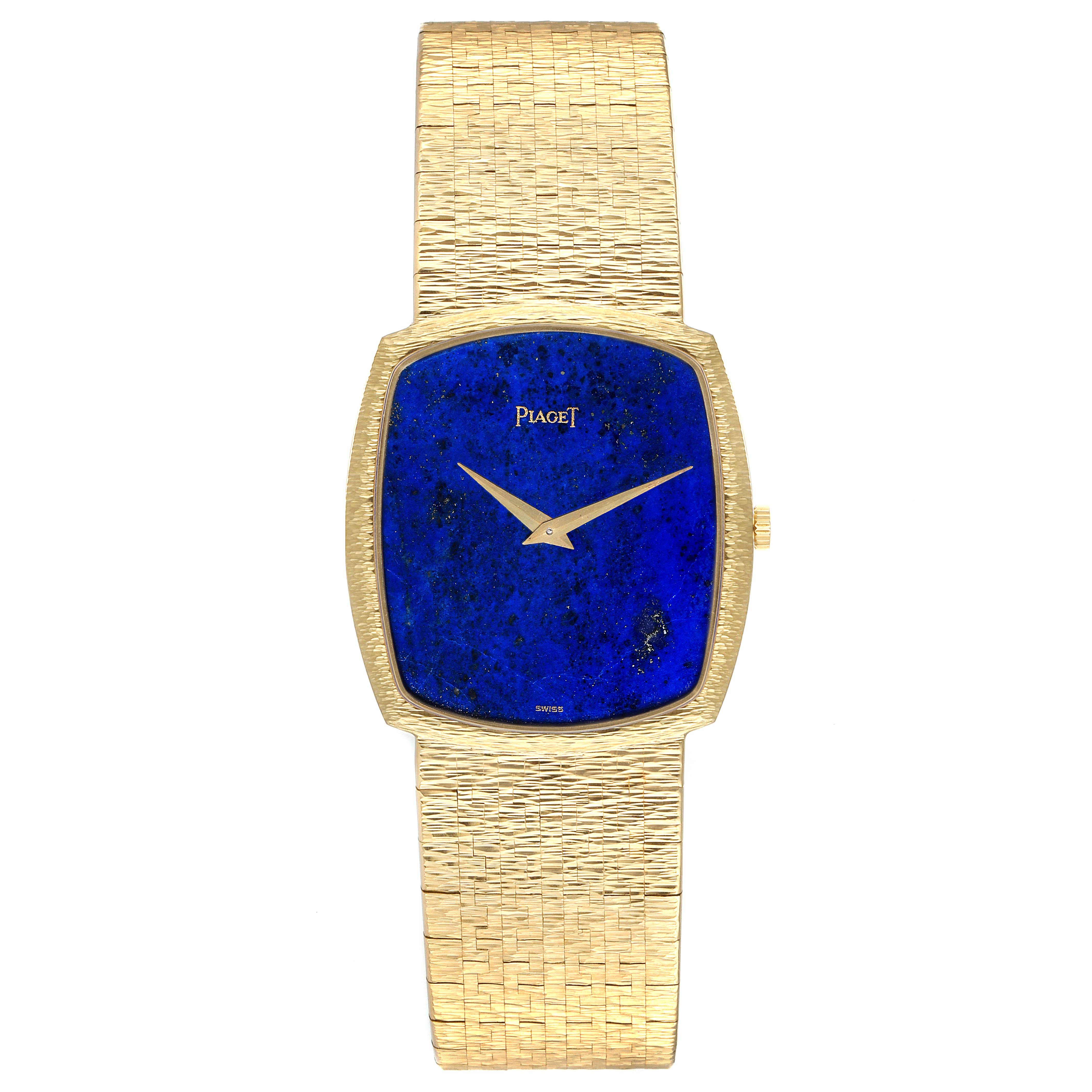 This image shows a front view of the Piaget Men's Yellow Gold Blue Dial Men's Yellow Gold Blue Dial 18k Yellow Gold Blue Lapis Lazuli Stone Dial Vintage Mens Watch, including the dial, hands, and bracelet.