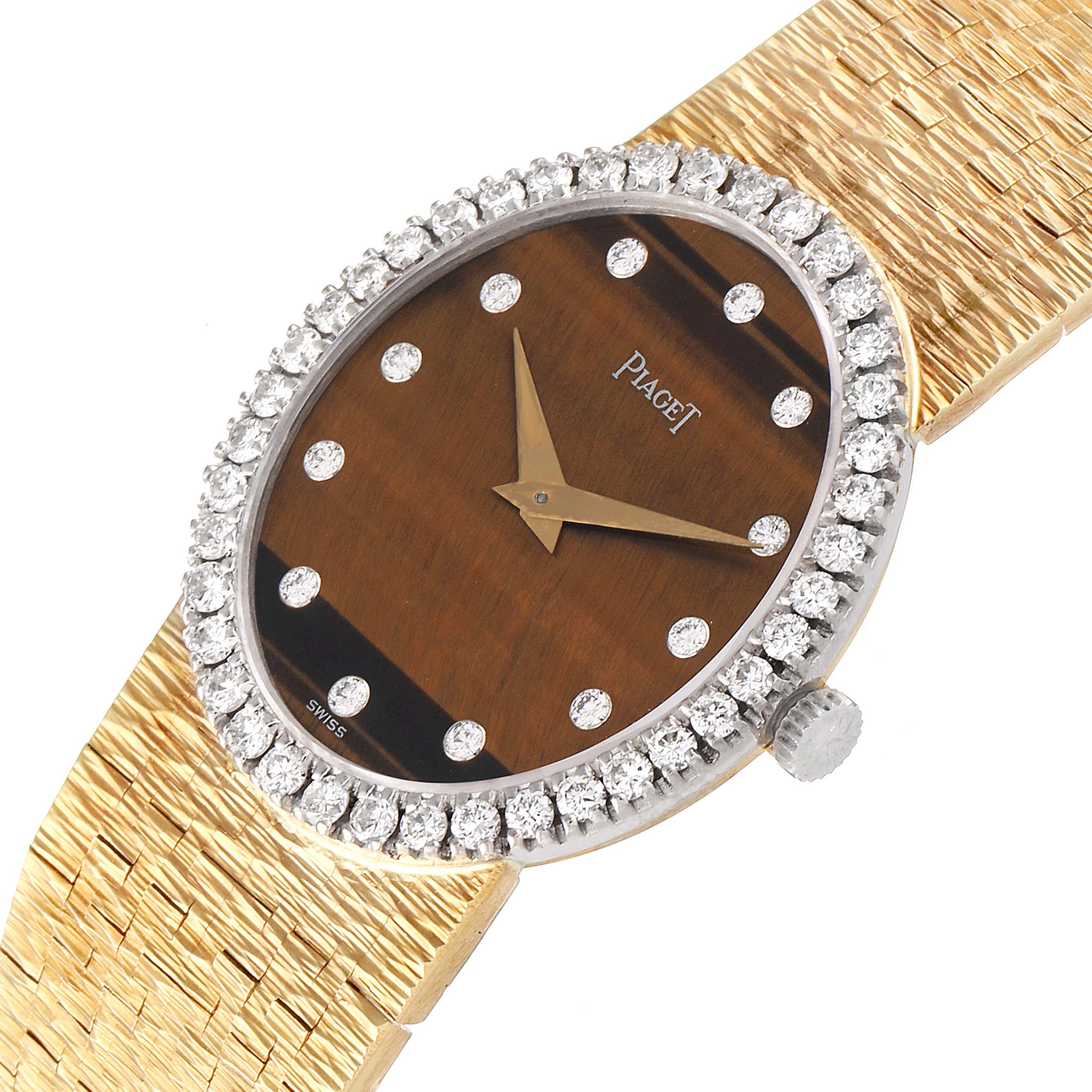 The image shows a close-up, angled view of the Piaget 9826-A-6 Women's Yellow Gold Brown Dial 9826-A-6 Women's Yellow Gold Brown Dial 9826 model, featuring a diamond bezel and tiger eye stone dial.