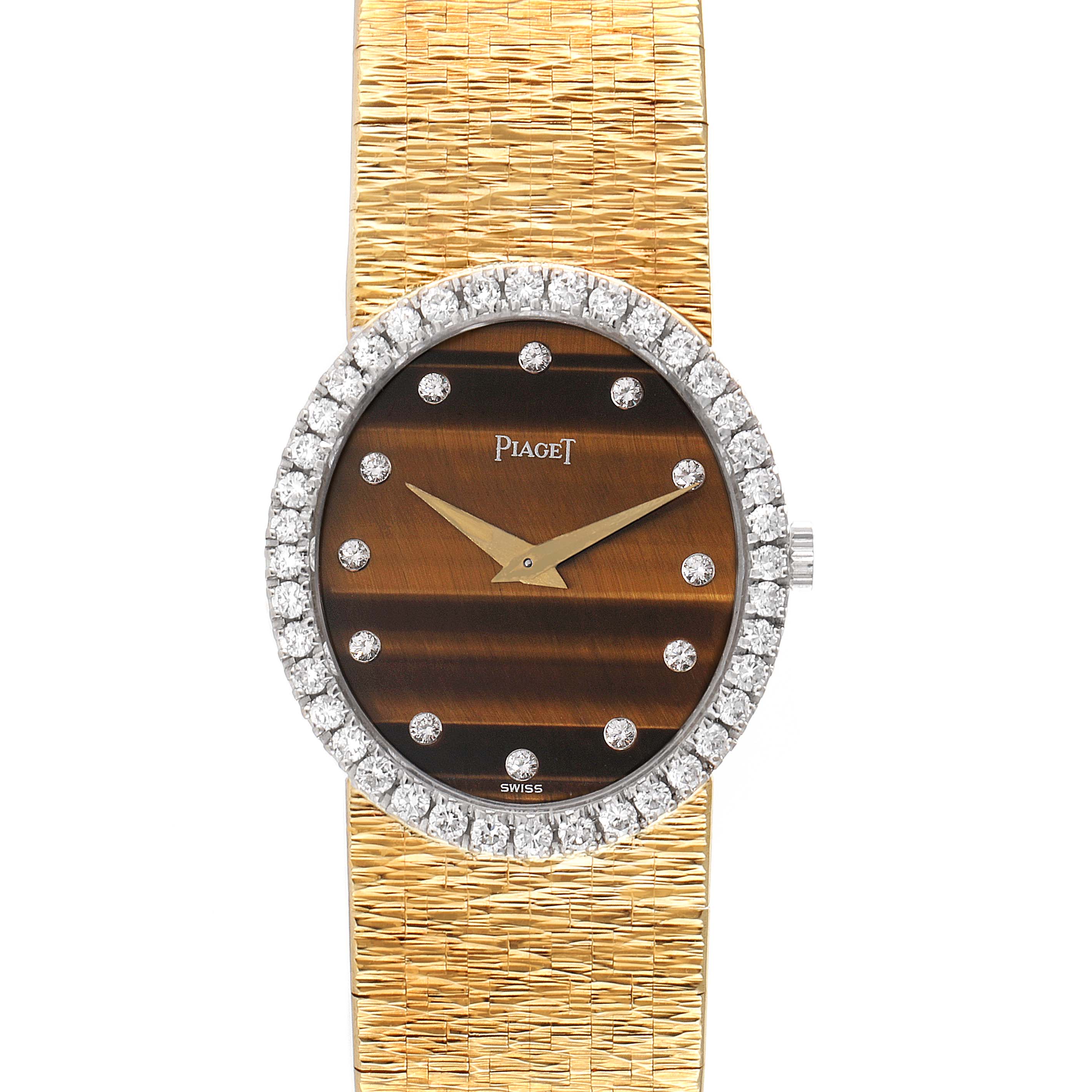 The image shows a front view of the Piaget 9826-A-6 Women's Yellow Gold Brown Dial 9826-A-6 Women's Yellow Gold Brown Dial 9826 Yellow Gold Diamond Tiger Eye Stone Dial Vintage Cocktail Ladies Watch.