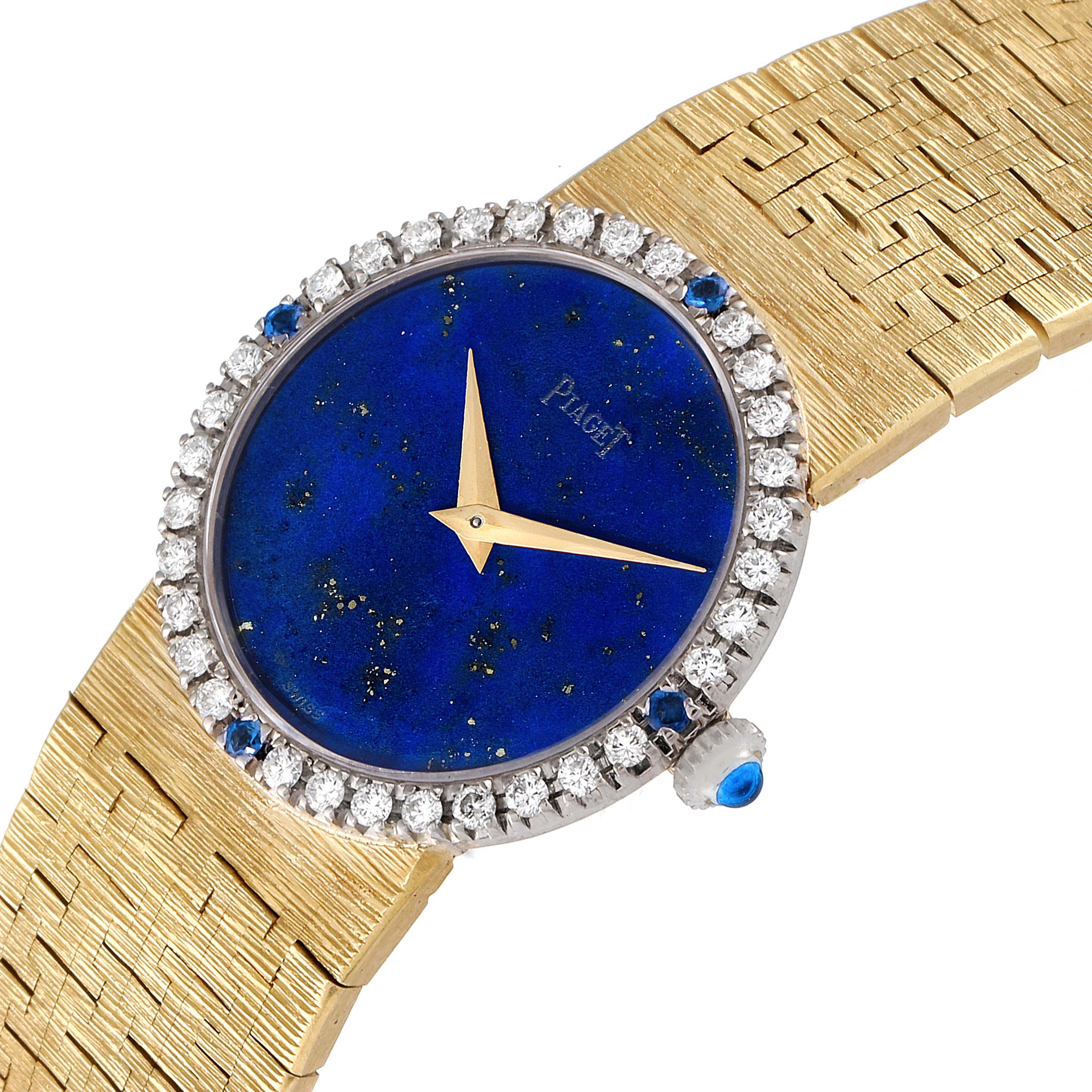 The image shows the front and partial side view of the Piaget 9706-A-6 Women's Yellow Gold Blue Dial 9706-A-6 Women's Yellow Gold Blue Dial 9706 Yellow Gold Lapis Stone Dial Diamond Sapphire Vintage Cocktail Watch.