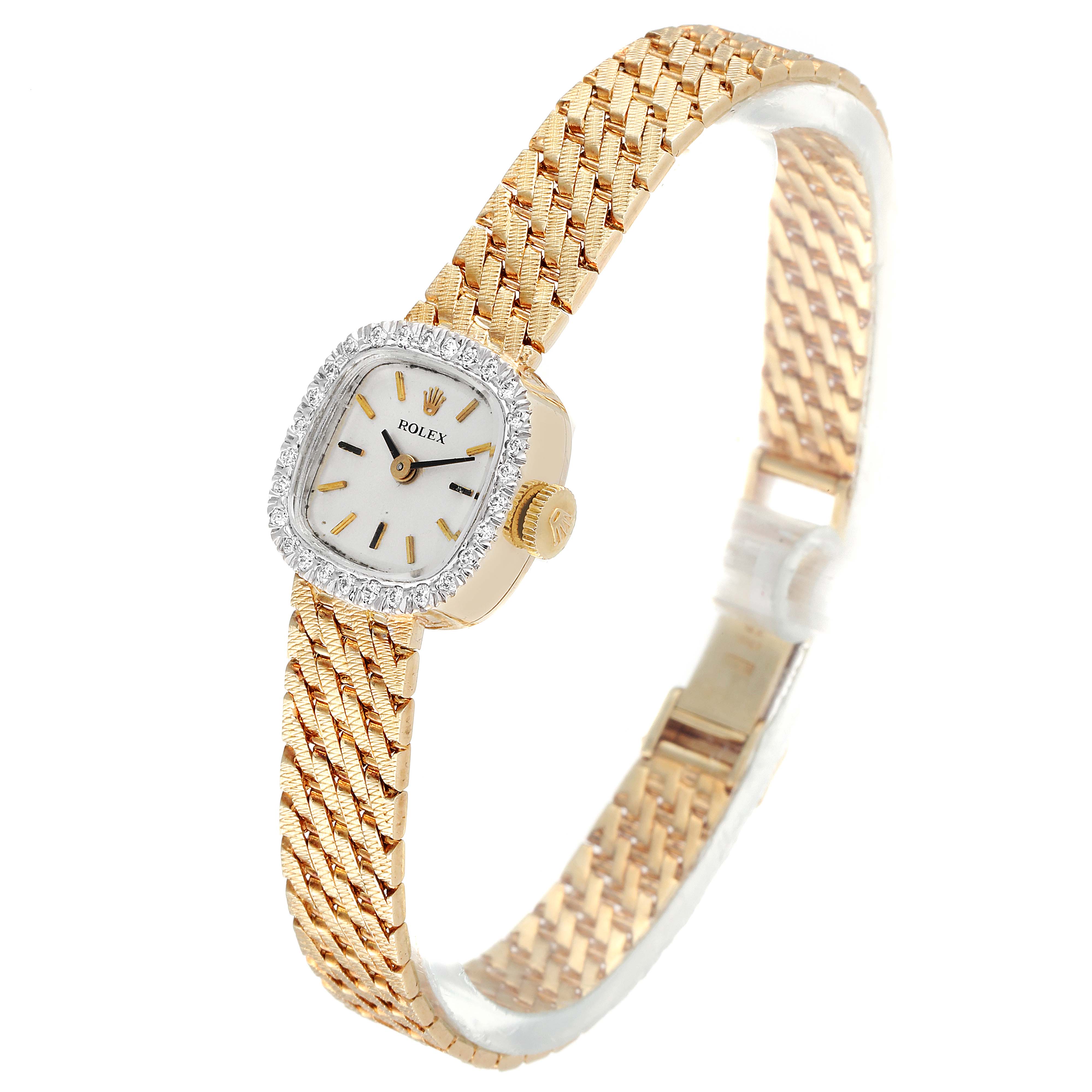 The Rolex Cocktail Women
s Yellow Gold Silver Dial Women
s Yellow Gold Silver Dial model watch is shown in a three-quarter view, displaying the face, crown, and bracelet.