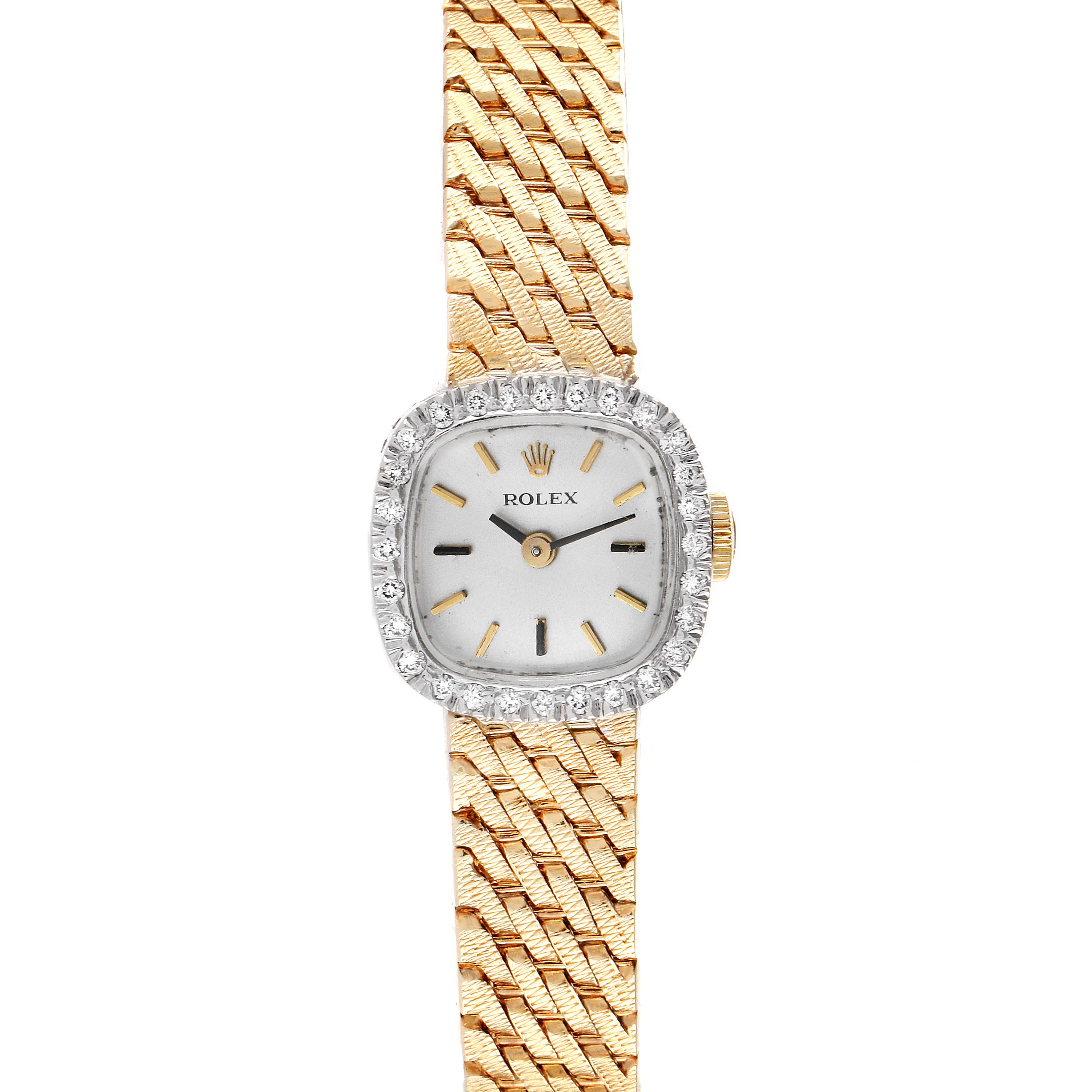 The image shows a front view of the Rolex Cocktail Women
s Yellow Gold Silver Dial Women
s Yellow Gold Silver Dial model watch, showcasing its gold bracelet and diamond-encrusted bezel.