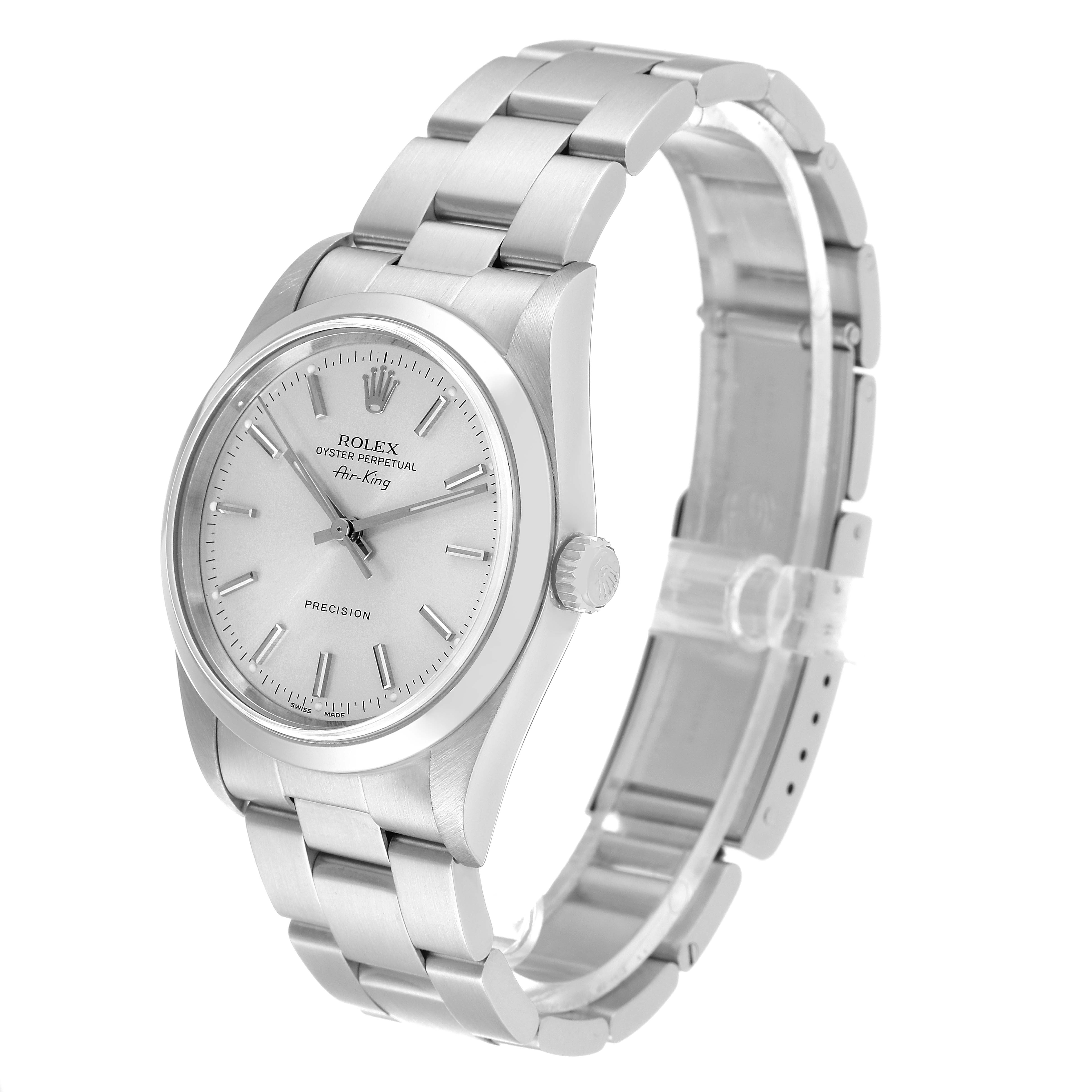 The Rolex Air-King 14000 Men's Stainless Steel Silver Dial 14000 Men's Stainless Steel Silver Dial watch is shown at a three-quarter angle, featuring its dial, crown, and bracelet.