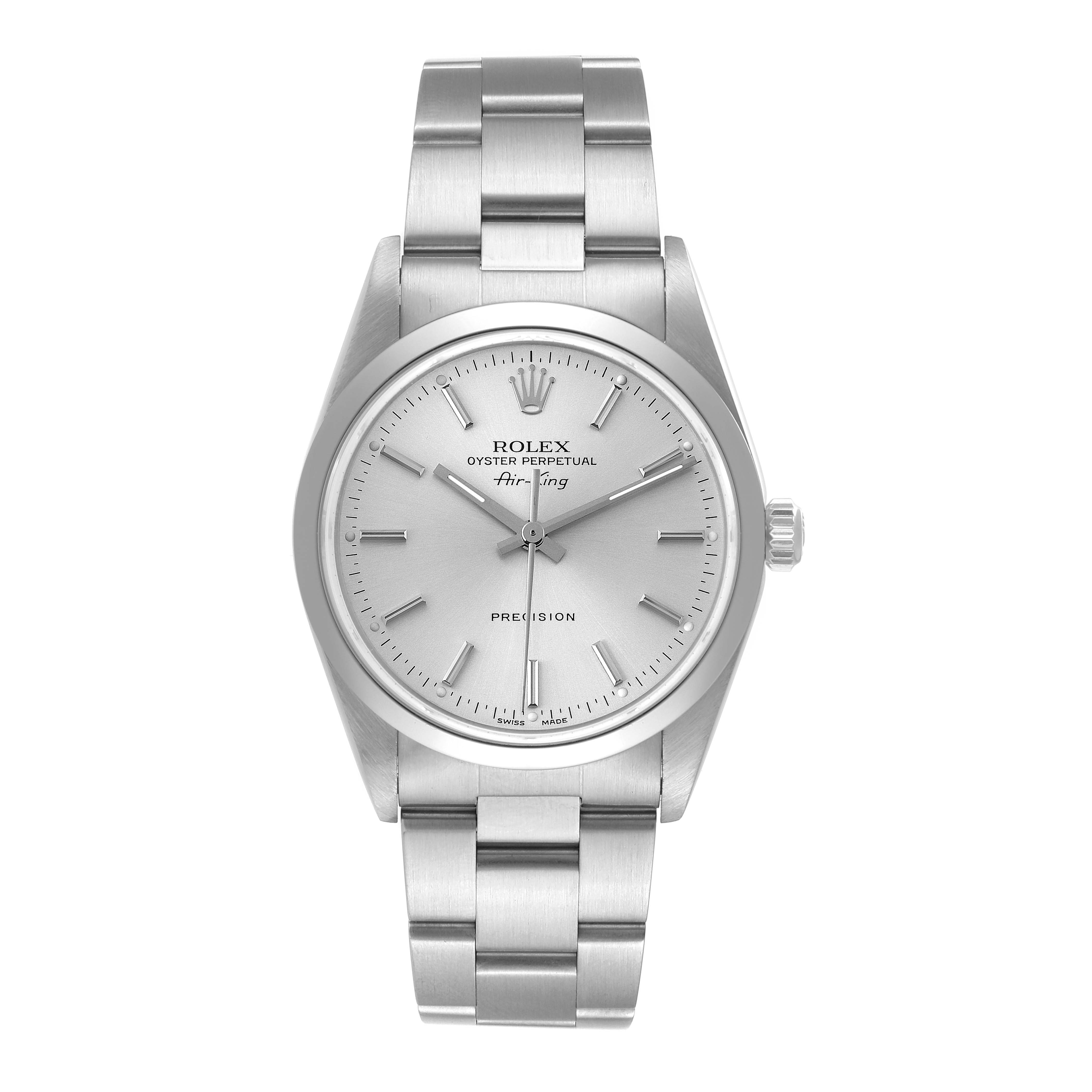 The image shows a Rolex Air-King 14000 Men's Stainless Steel Silver Dial 14000 Men's Stainless Steel Silver Dial model watch from a front angle, highlighting the dial, hands, bezel, and bracelet.