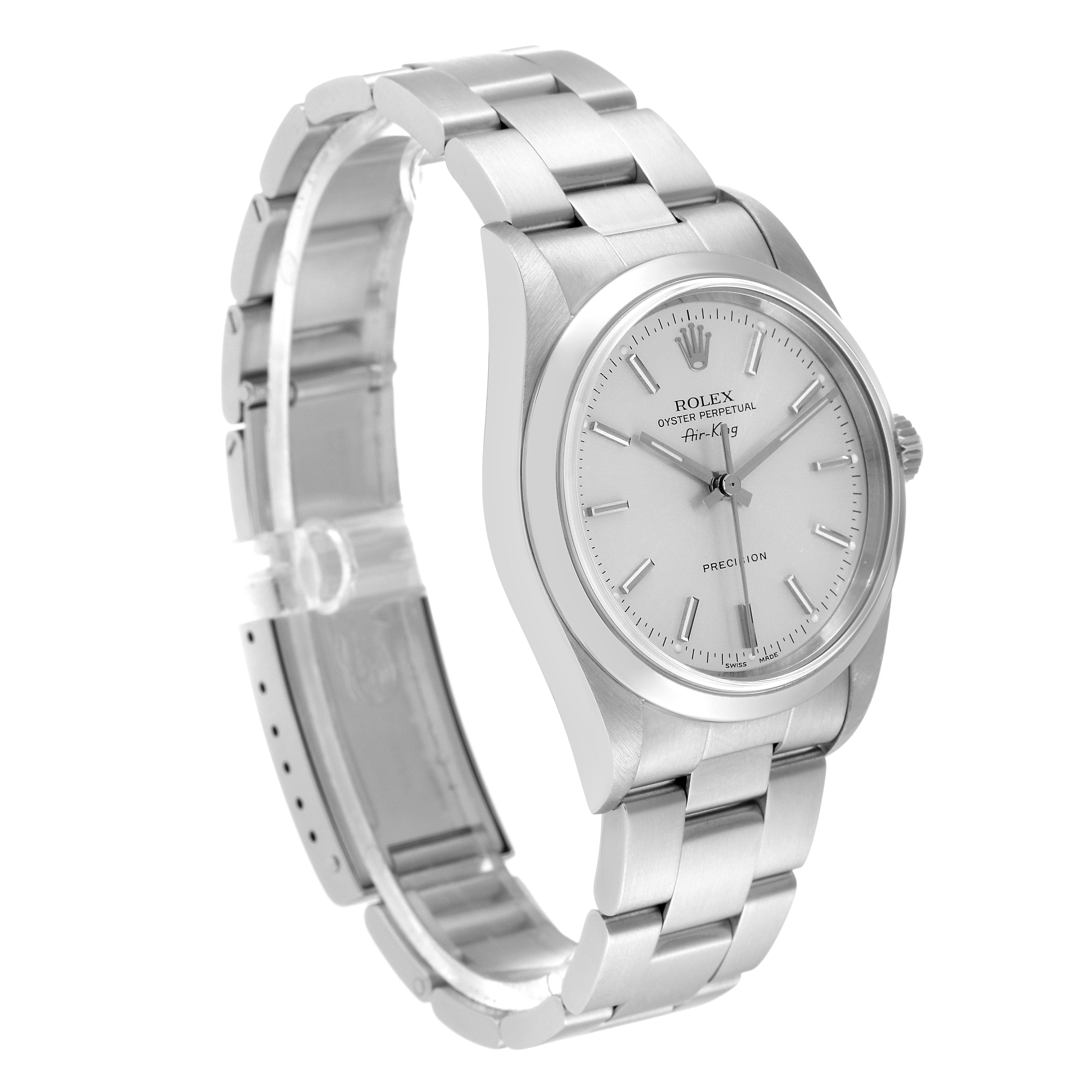 The image shows a Rolex Air-King 14000 Men's Stainless Steel Silver Dial 14000 Men's Stainless Steel Silver Dial watch at a three-quarter angle, displaying the face, bezel, and part of the bracelet.
