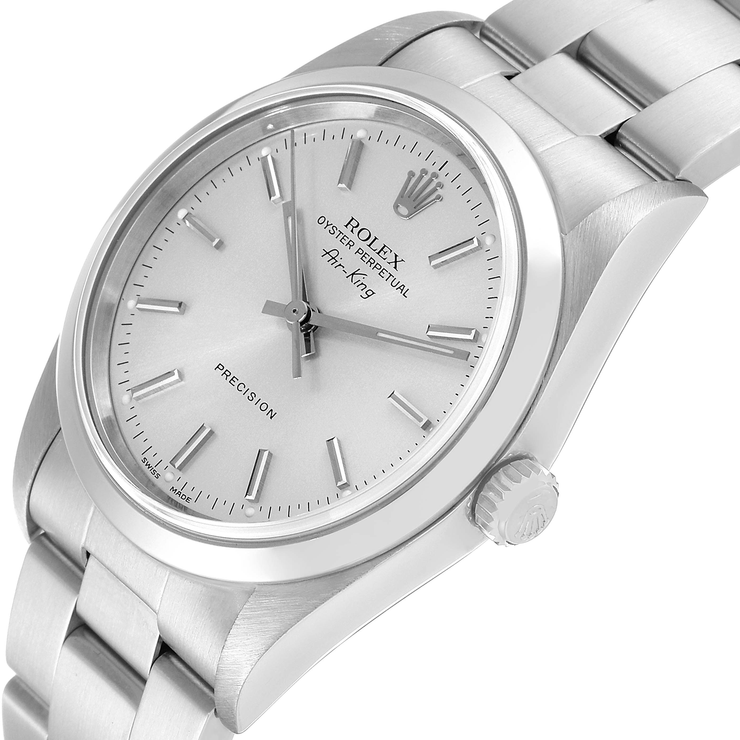 The Rolex Air-King 14000 Men's Stainless Steel Silver Dial 14000 Men's Stainless Steel Silver Dial watch is shown at an oblique angle displaying the face, bezel, crown, and part of the bracelet.