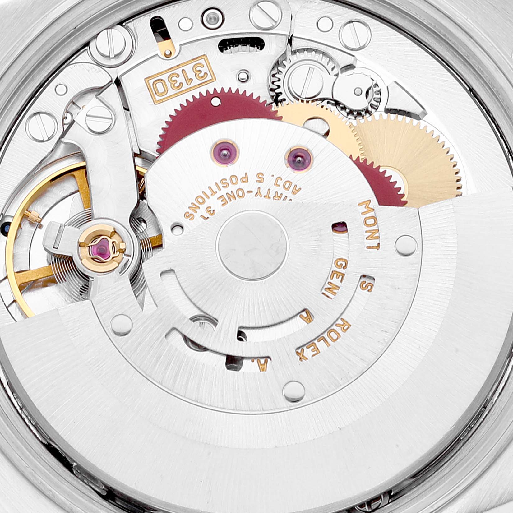 Close-up view of the movement mechanism inside the Rolex Air-King 14000 Men's Stainless Steel Silver Dial 14000 Men's Stainless Steel Silver Dial watch, showing intricate gears and components.