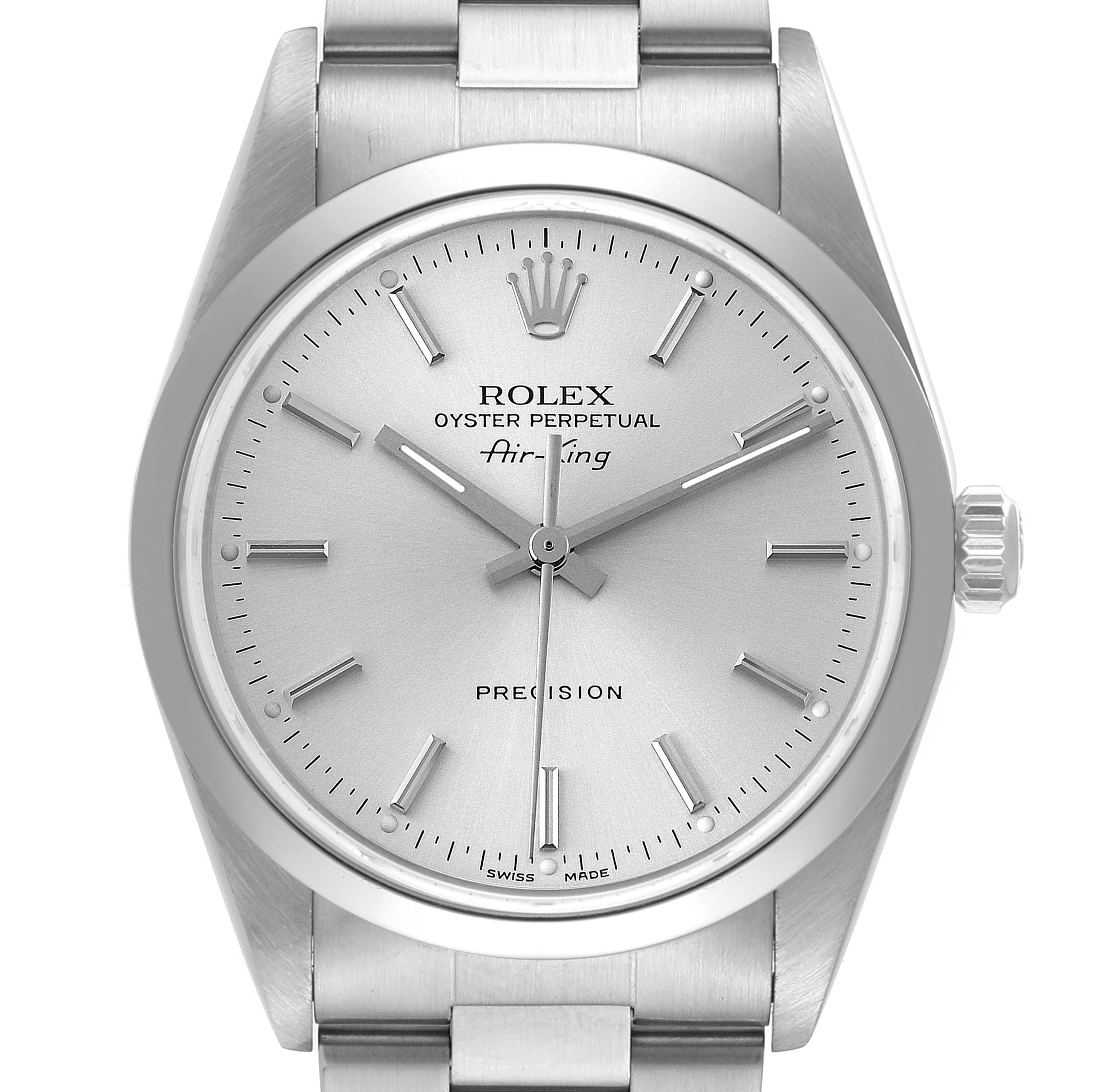 The image shows a front view of a Rolex Air-King 14000 Men's Stainless Steel Silver Dial 14000 Men's Stainless Steel Silver Dial watch, highlighting its dial, hands, crown, and bracelet.