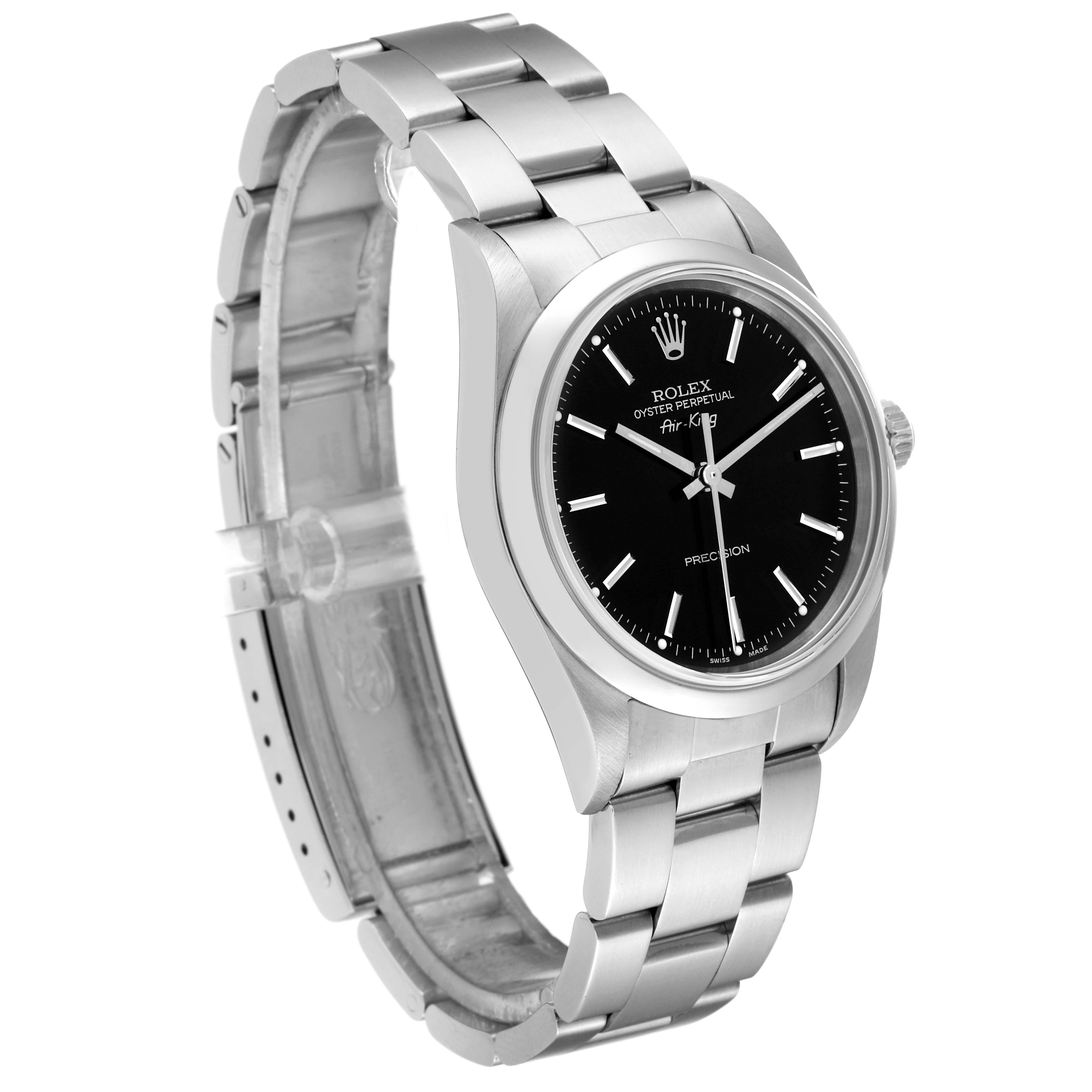 The image shows a Rolex Air-King 14000M Men's Stainless Steel Black Dial 14000M Men's Stainless Steel Black Dial watch at an oblique angle, highlighting the dial, case, and bracelet.