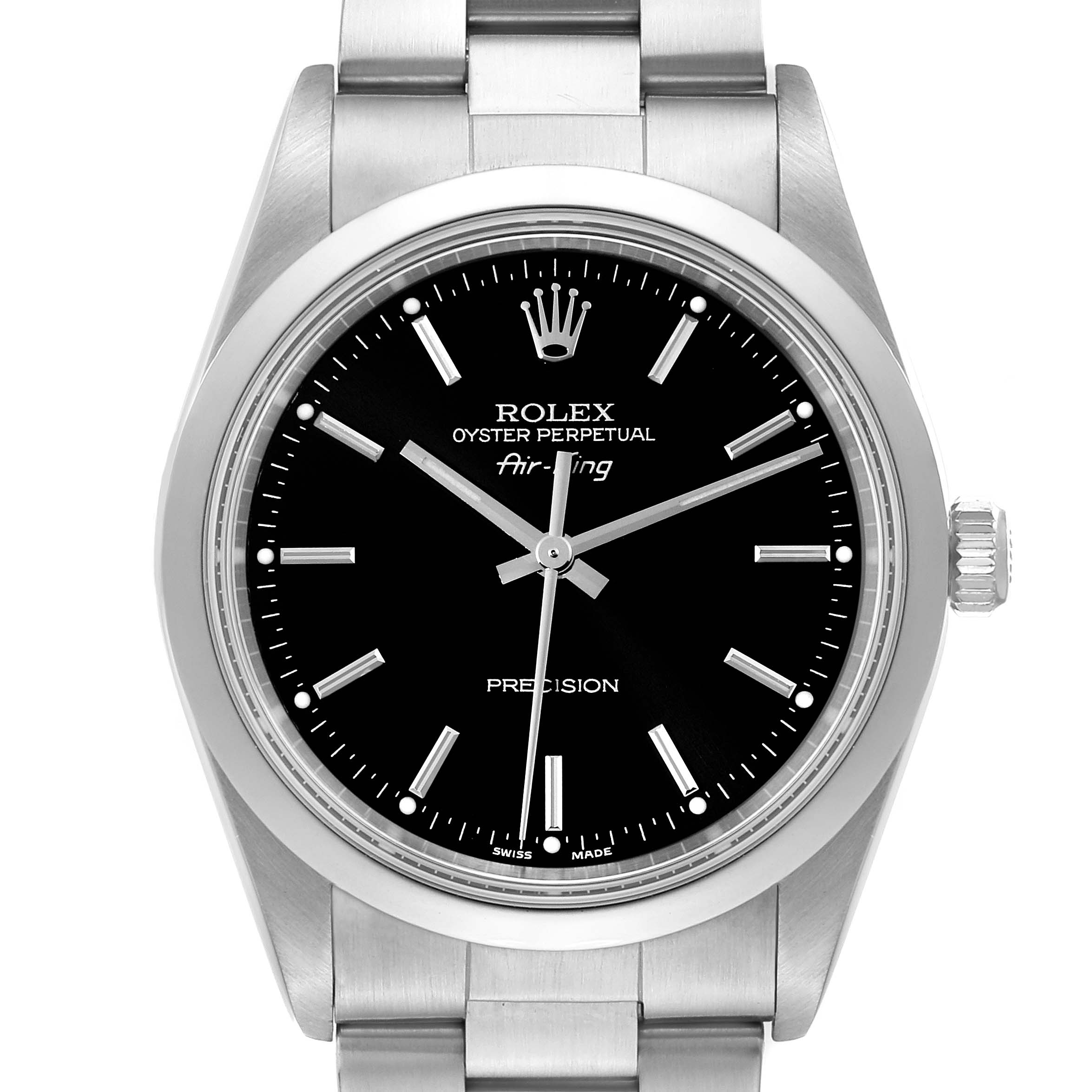 The image shows a frontal view of the Rolex Air-King 14000M Men's Stainless Steel Black Dial 14000M Men's Stainless Steel Black Dial watch, featuring the dial, bezel, case, and part of the bracelet.