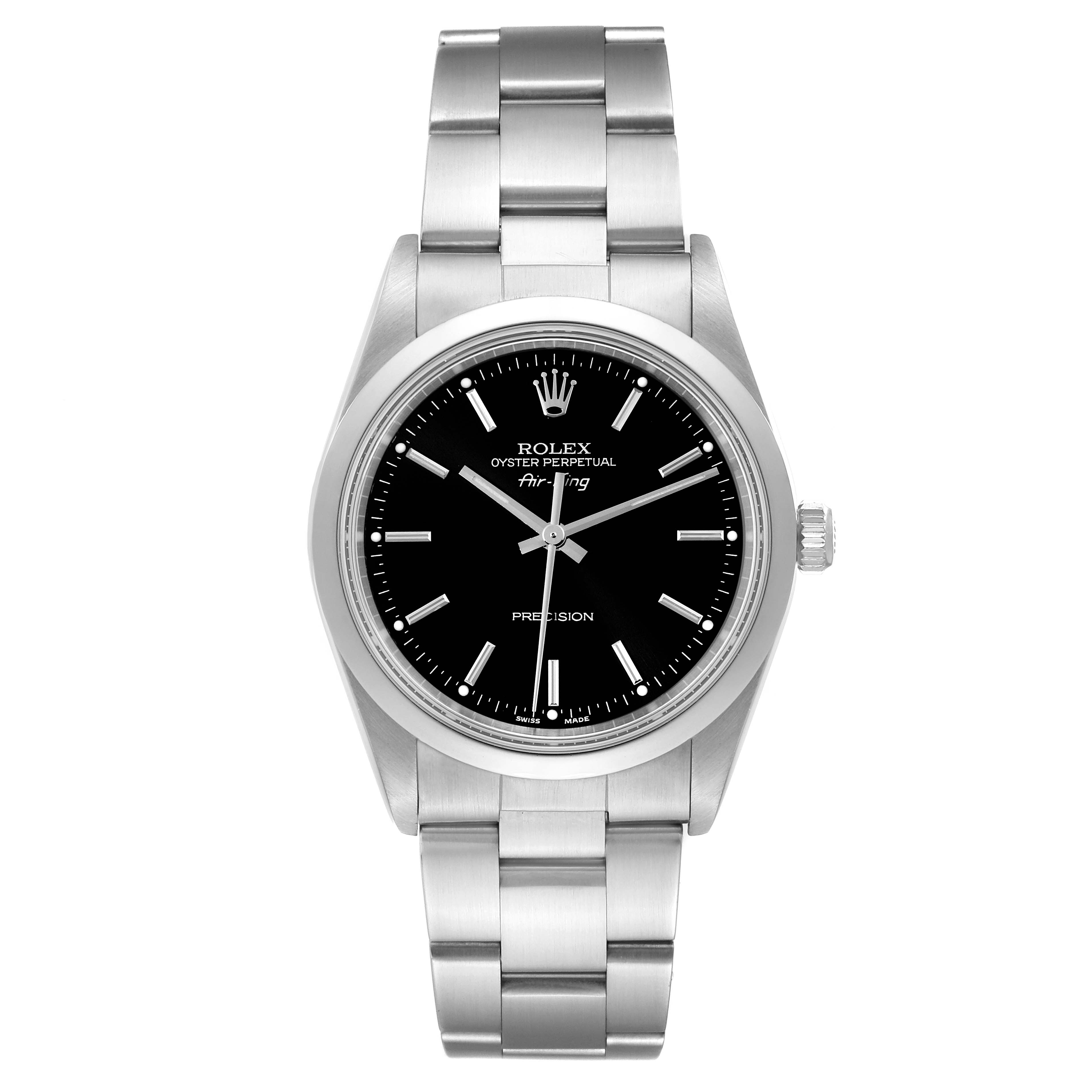 The image shows a front view of the Rolex Air-King 14000M Men's Stainless Steel Black Dial 14000M Men's Stainless Steel Black Dial watch, displaying its black dial, hands, and stainless steel bracelet.
