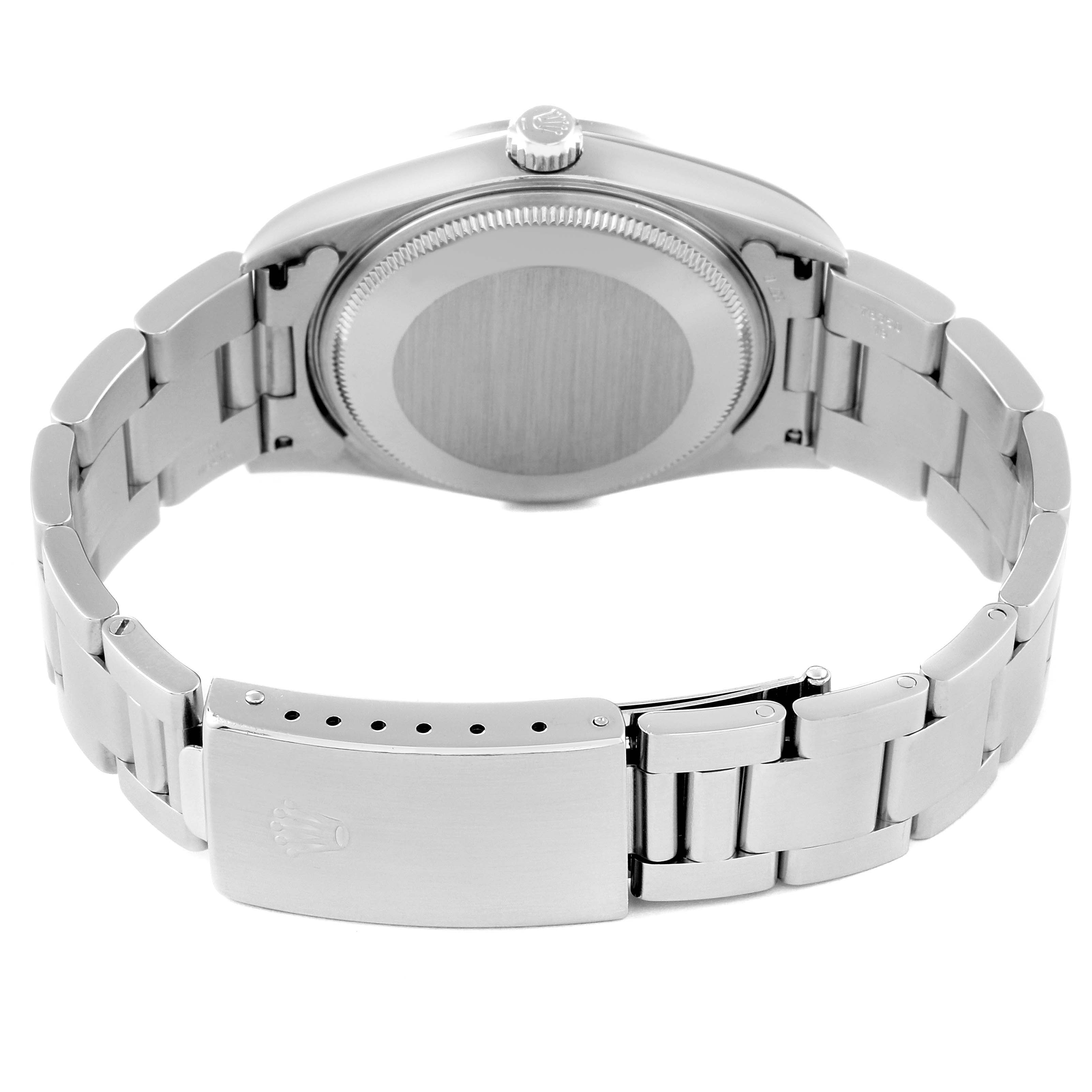 This image shows the back case, bracelet, and clasp of a Rolex Air-King 14000M Men's Stainless Steel Black Dial 14000M Men's Stainless Steel Black Dial watch from a rear angle.