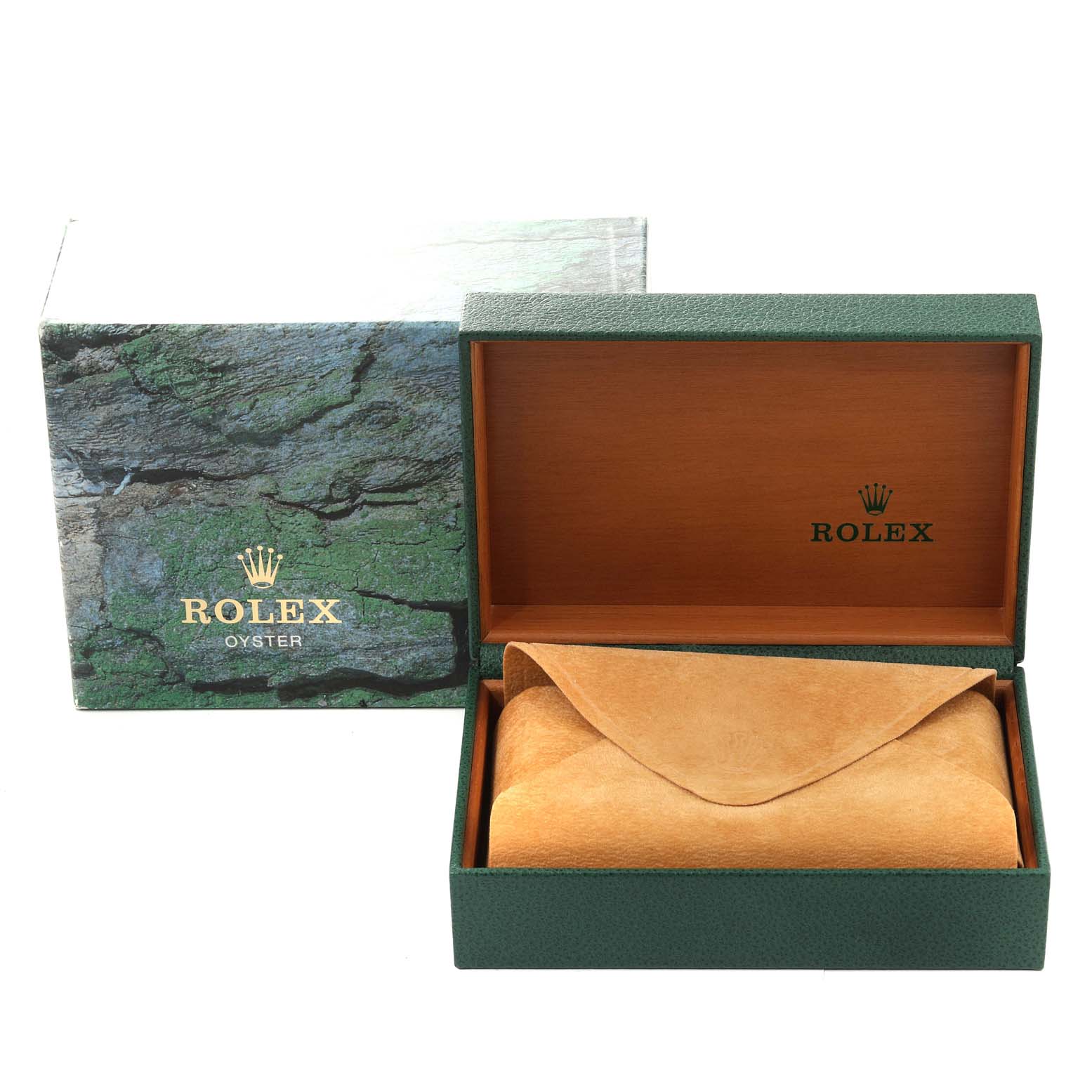 The image shows the packaging box and leather pouch for the Rolex Air-King 14000 Men's Stainless Steel Black Dial 14000 Men's Stainless Steel Black Dial watch, including the outer box and the inner wooden box.