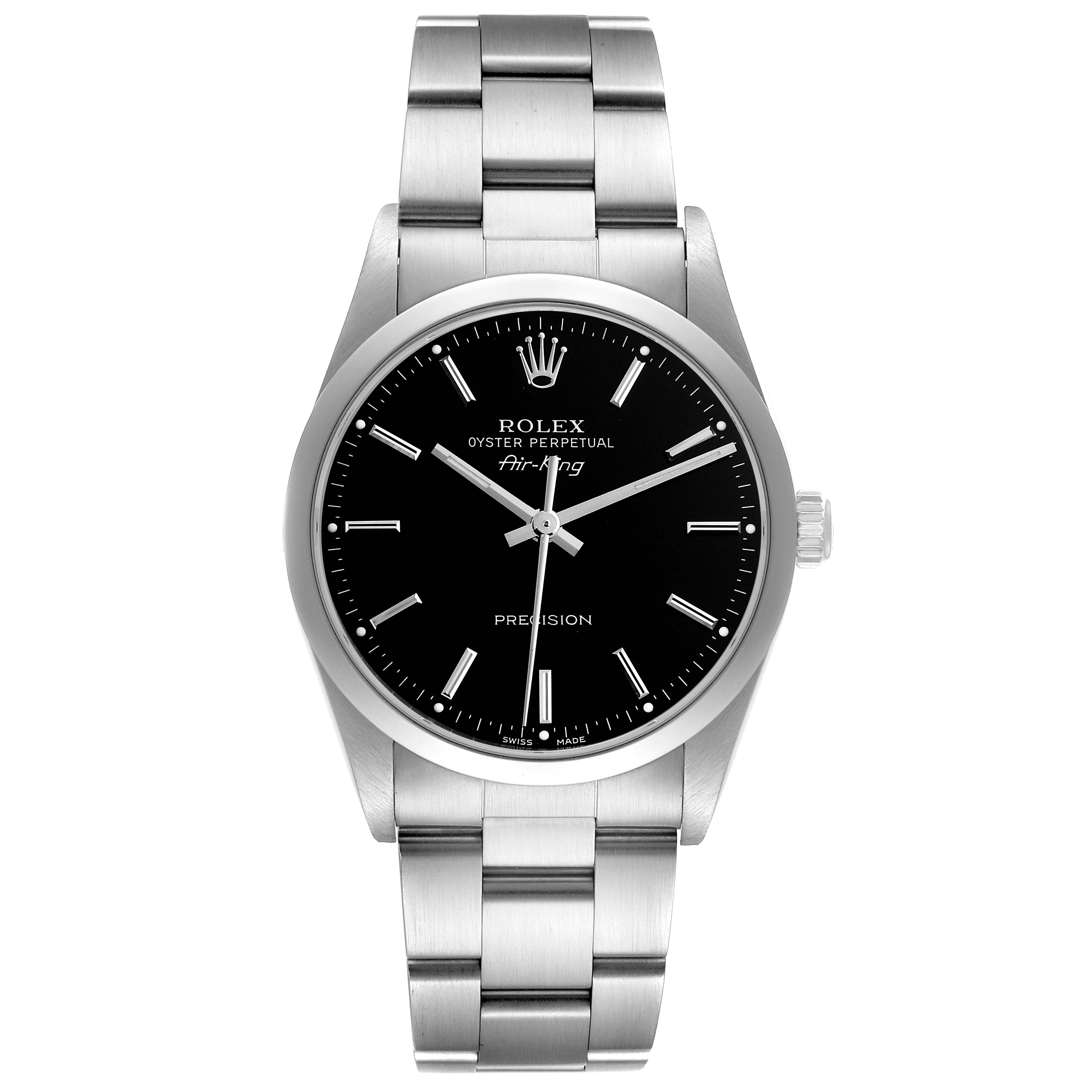 This image shows a Rolex Air-King 14000 Men's Stainless Steel Black Dial 14000 Men's Stainless Steel Black Dial watch from the front, displaying the face, hour markers, hands, and metal bracelet.