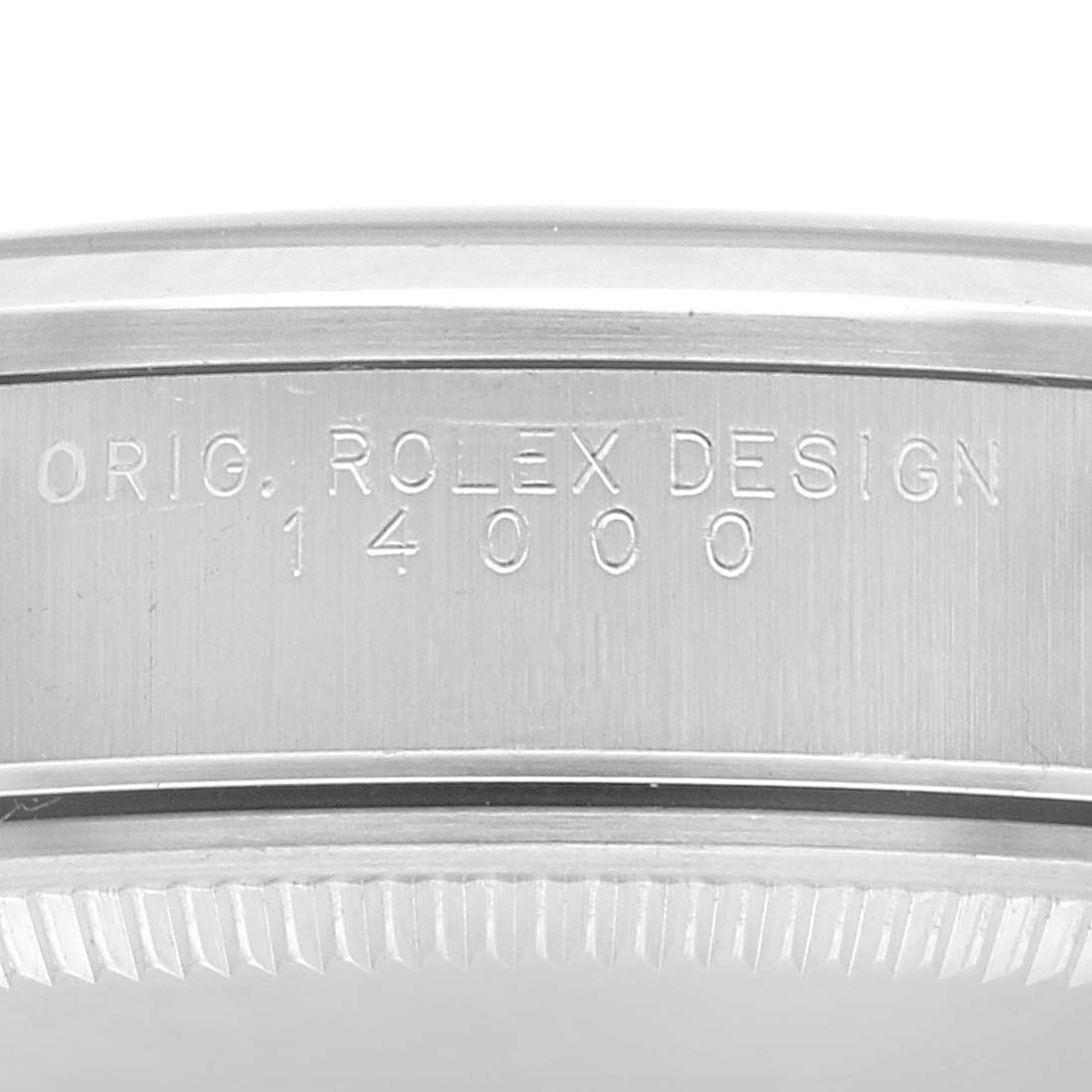 This is a close-up view of the engraved side of the case for a Rolex Air-King 14000 Men's Stainless Steel Black Dial 14000 Men's Stainless Steel Black Dial, model number 14000.