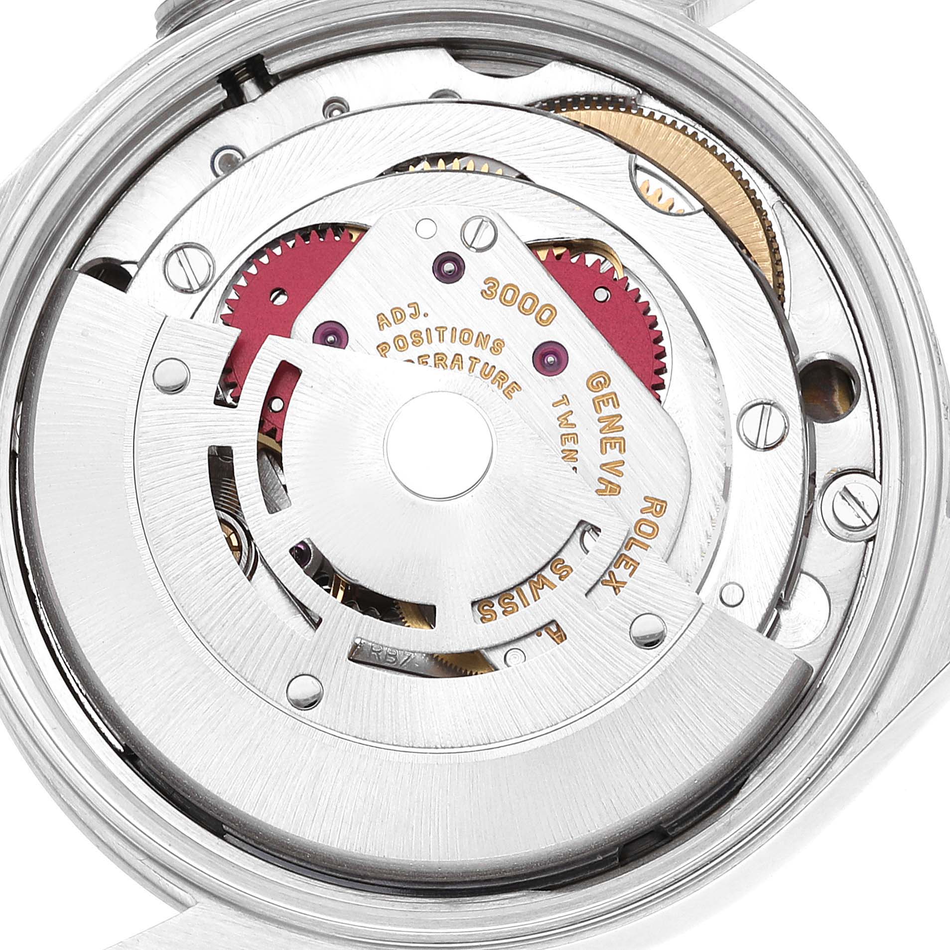 This image shows a close-up view of the internal mechanical movement of a Rolex Air-King 14000 Men's Stainless Steel Black Dial 14000 Men's Stainless Steel Black Dial watch.