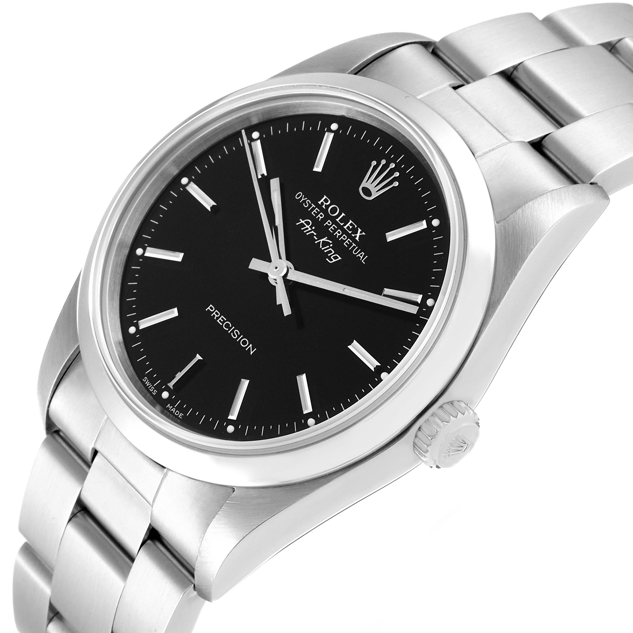 The image shows a close-up of the Rolex Air-King 14000 Men's Stainless Steel Black Dial 14000 Men's Stainless Steel Black Dial watch face, bezel, crown, and part of the metal bracelet at an angled view.