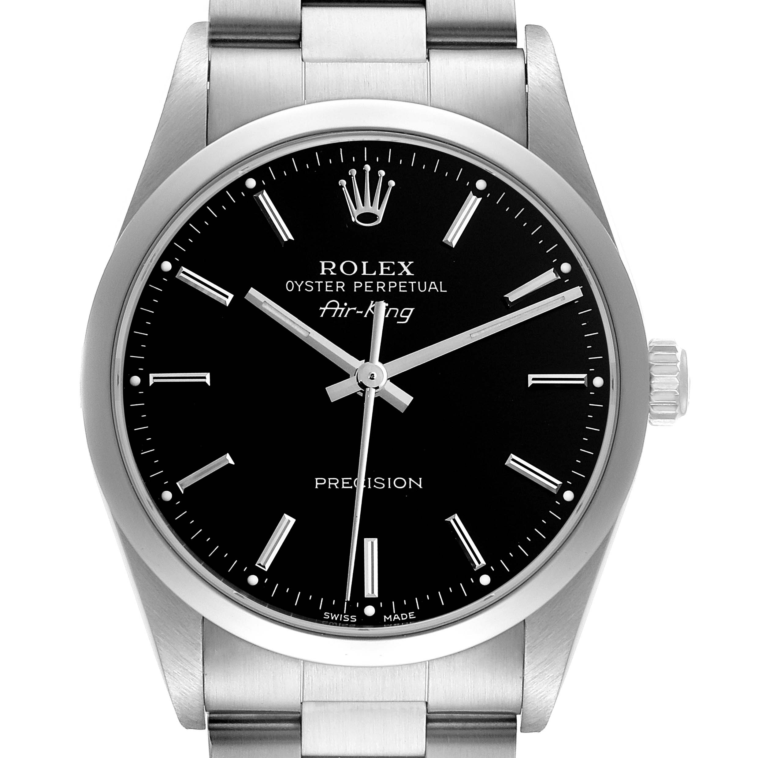 The image shows a front view of the Rolex Air-King 14000 Men's Stainless Steel Black Dial 14000 Men's Stainless Steel Black Dial watch, highlighting the black dial, hands, crown, and part of the bracelet.