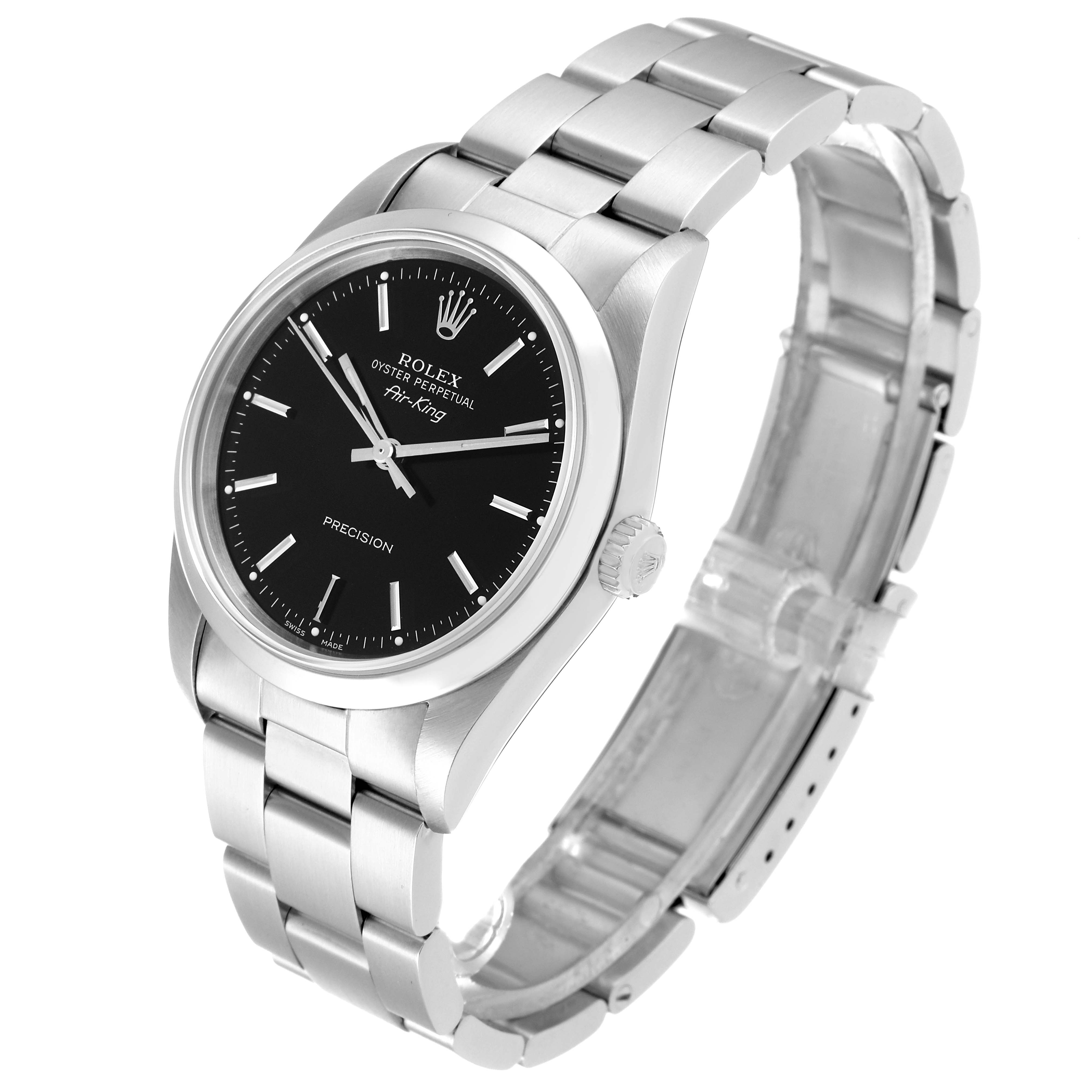The Rolex Air-King 14000 Men's Stainless Steel Black Dial 14000 Men's Stainless Steel Black Dial watch is shown at an angle, displaying the face, bezel, crown, and bracelet.