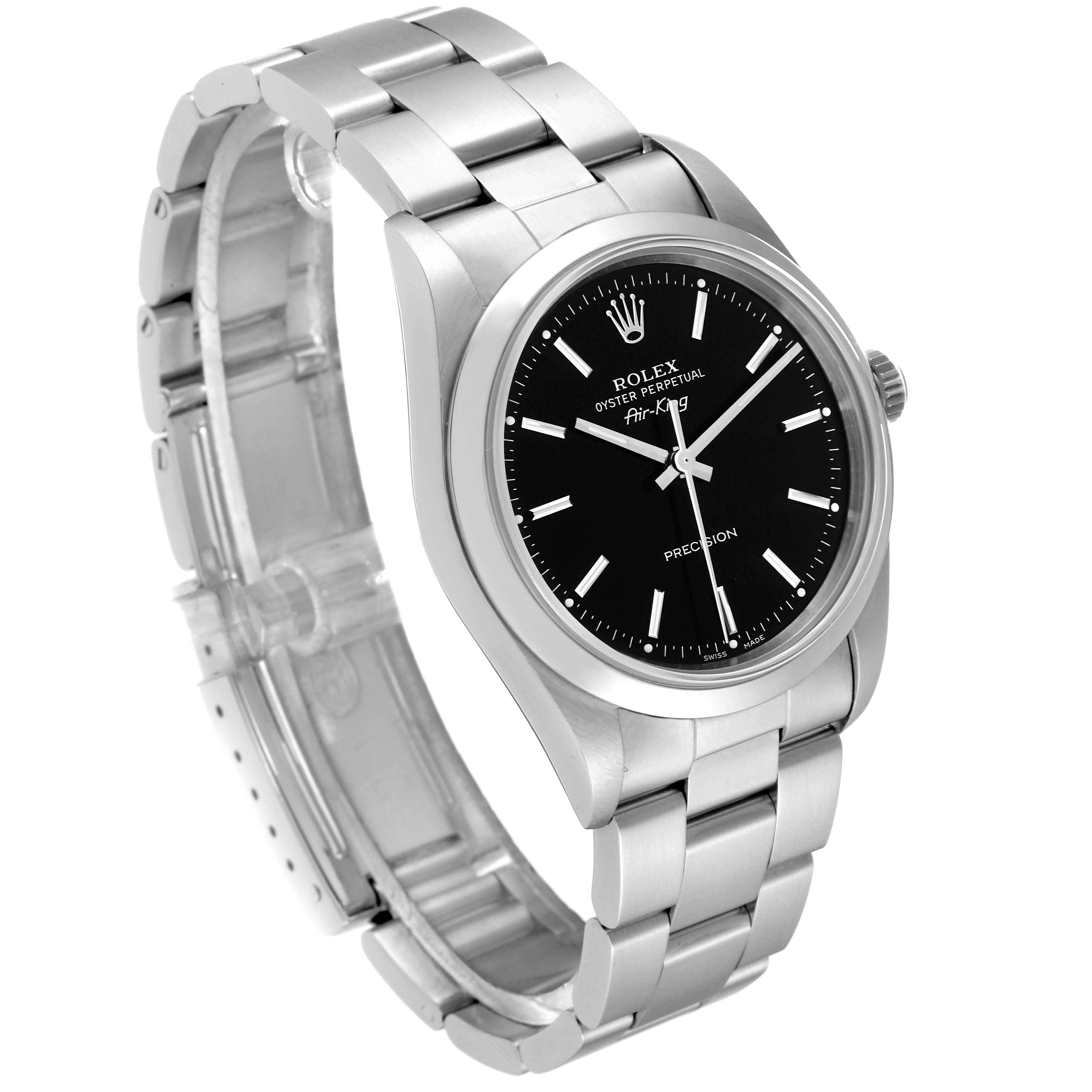 The image shows the Rolex Air-King 14000 Men's Stainless Steel Black Dial 14000 Men's Stainless Steel Black Dial watch at a slight angle, highlighting its black dial, metal bracelet, and bezel.