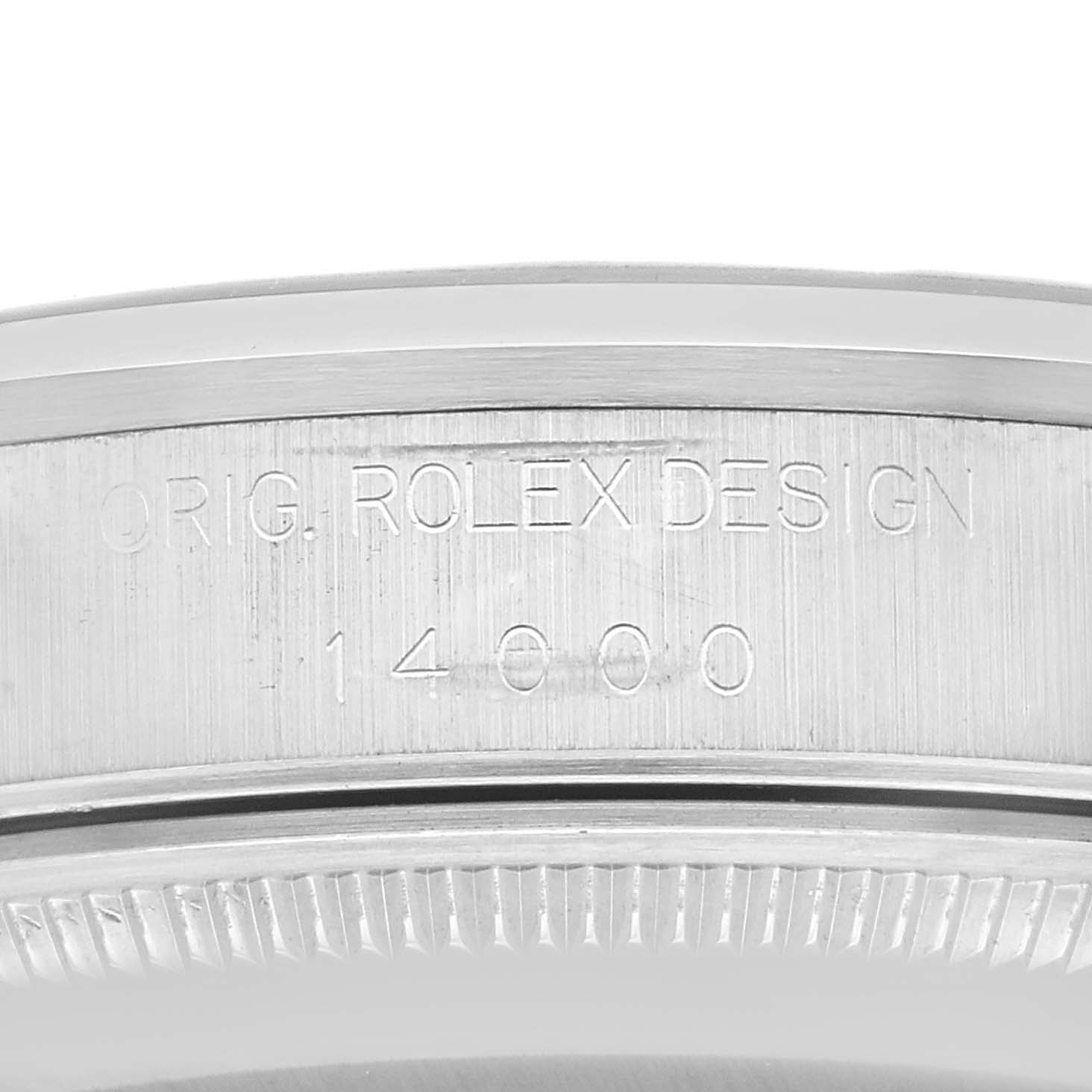 This image shows a close-up of the engraved model number on the case of a Rolex Air-King 14000 Men's Stainless Steel Black Dial 14000 Men's Stainless Steel Black Dial watch.