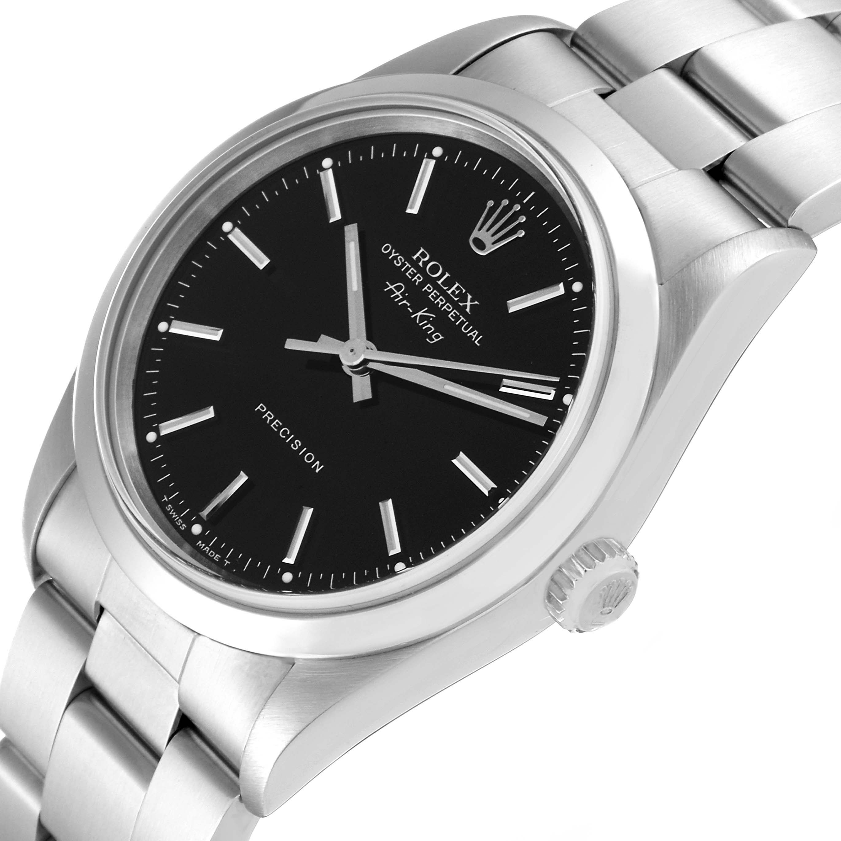 The image shows a Rolex Air-King 14000 Men's Stainless Steel Black Dial 14000 Men's Stainless Steel Black Dial watch from an angled top view, highlighting the black dial, silver markers, and stainless steel bracelet.