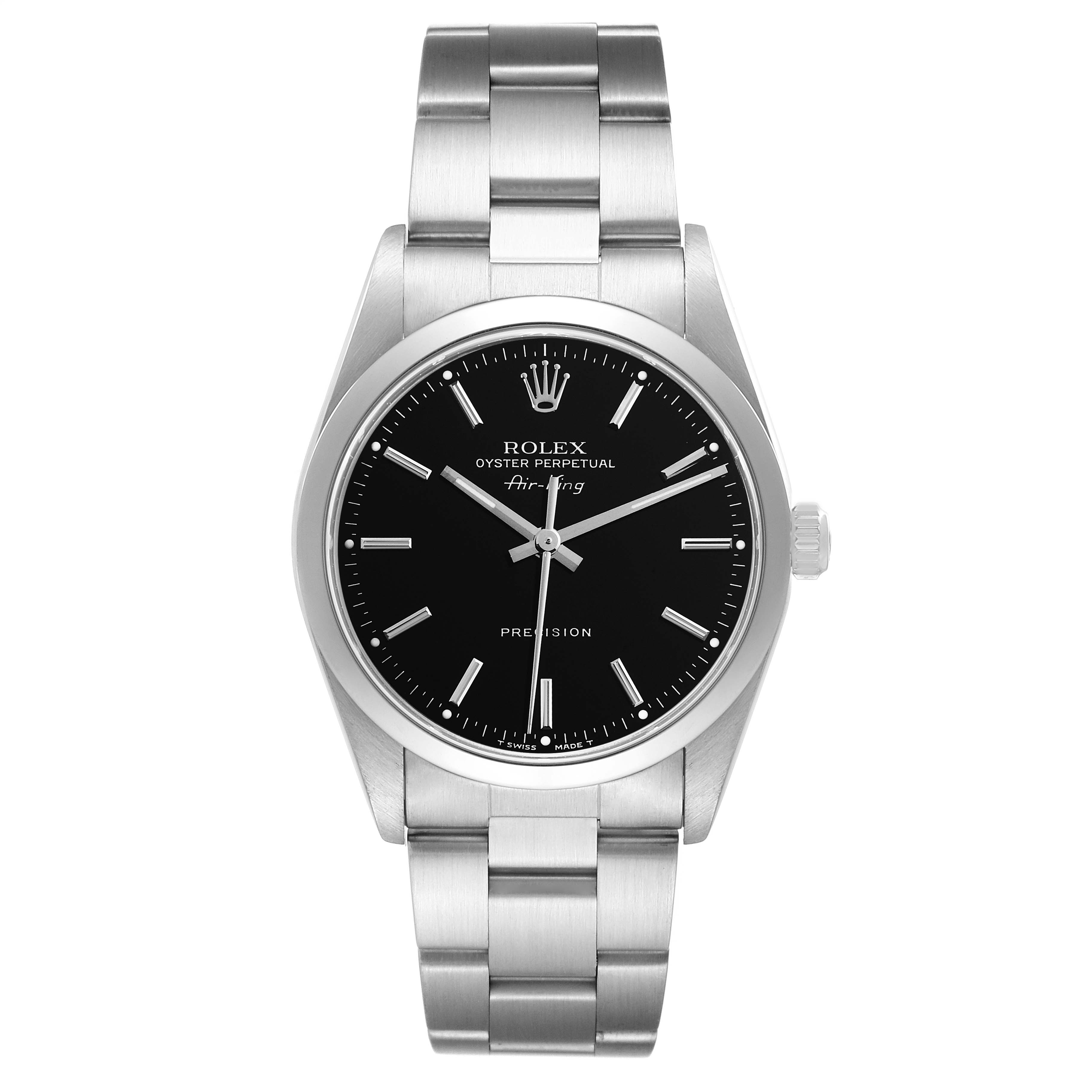 The image shows a front view of a Rolex Air-King 14000 Men's Stainless Steel Black Dial 14000 Men's Stainless Steel Black Dial watch, displaying its black dial, silver hour markers, and metal bracelet.