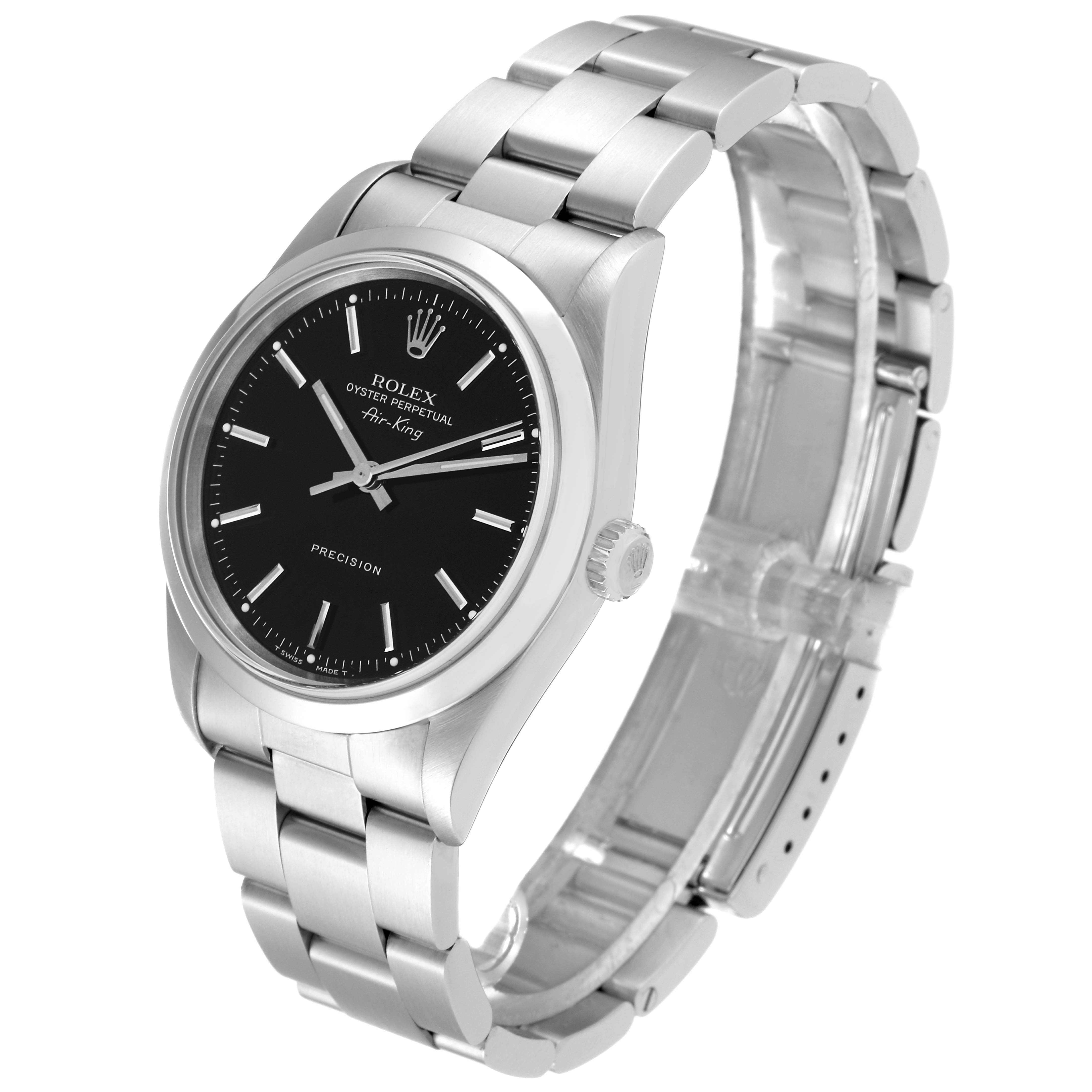 The image shows a Rolex Air-King 14000 Men's Stainless Steel Black Dial 14000 Men's Stainless Steel Black Dial watch at a slightly tilted angle, displaying the face, crown, and stainless steel bracelet.